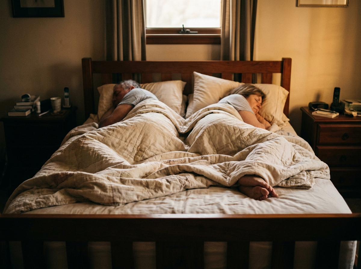 A long-married couple asleep at dawn, both on their own sides, the woman's side occupied again, feet under the covers