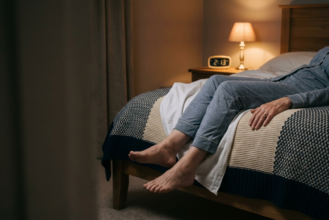 Older woman with her feet just off the edge of the bed at 2am