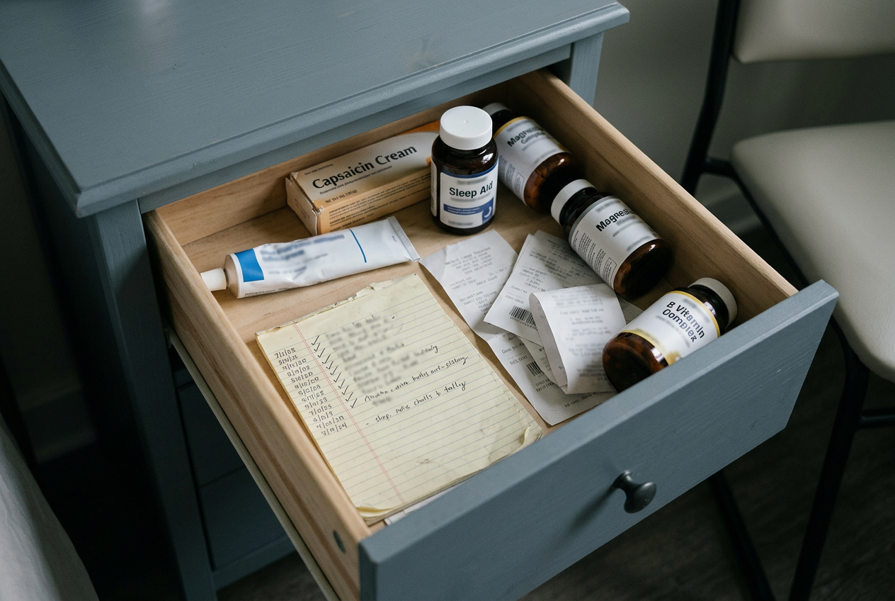 Nightstand drawer with failed creams, sleep aids, supplements, receipts, and a handwritten tally