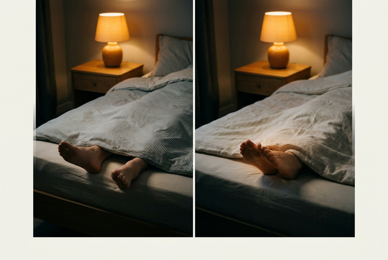Split image of feet outside the covers at night and feet under the covers in the morning