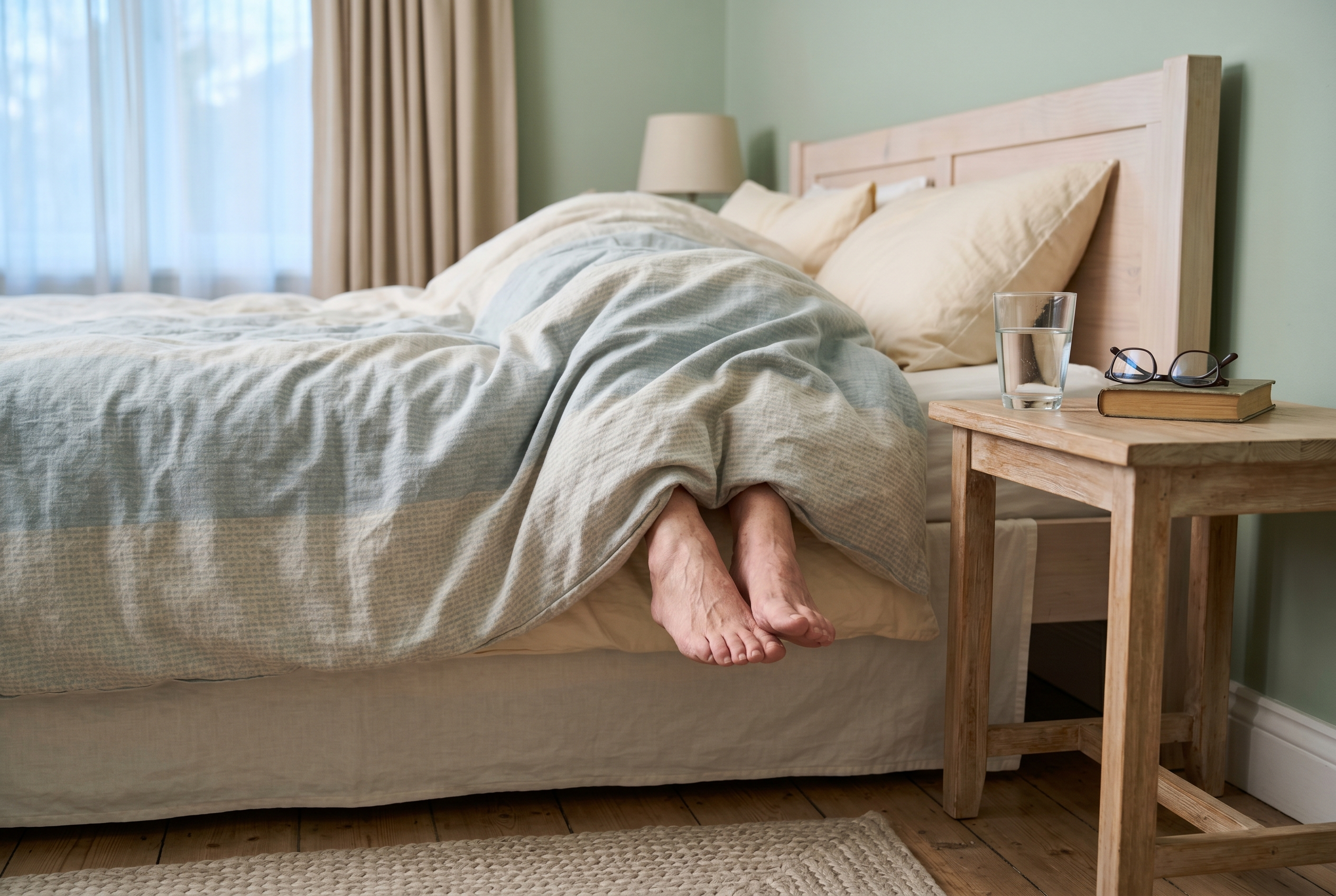 Feet resting under a light blanket in morning light
