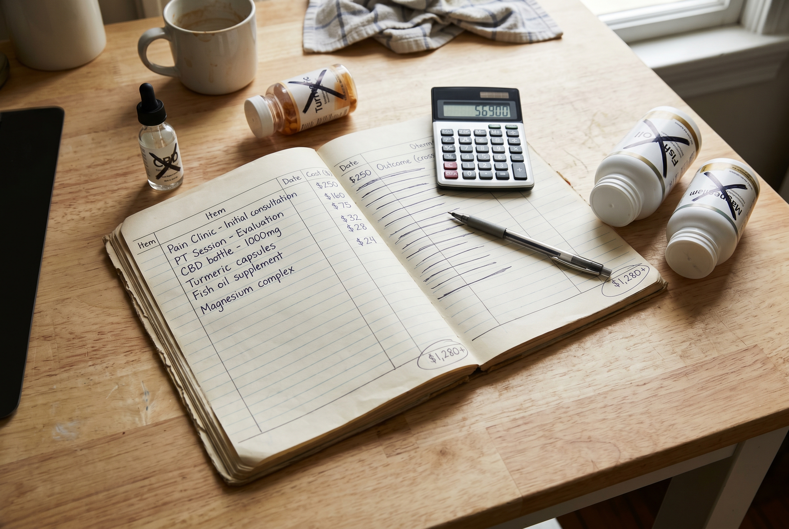 A handwritten failure ledger with creams, sprays, sleep aids, and a foot cradle counted on a kitchen table