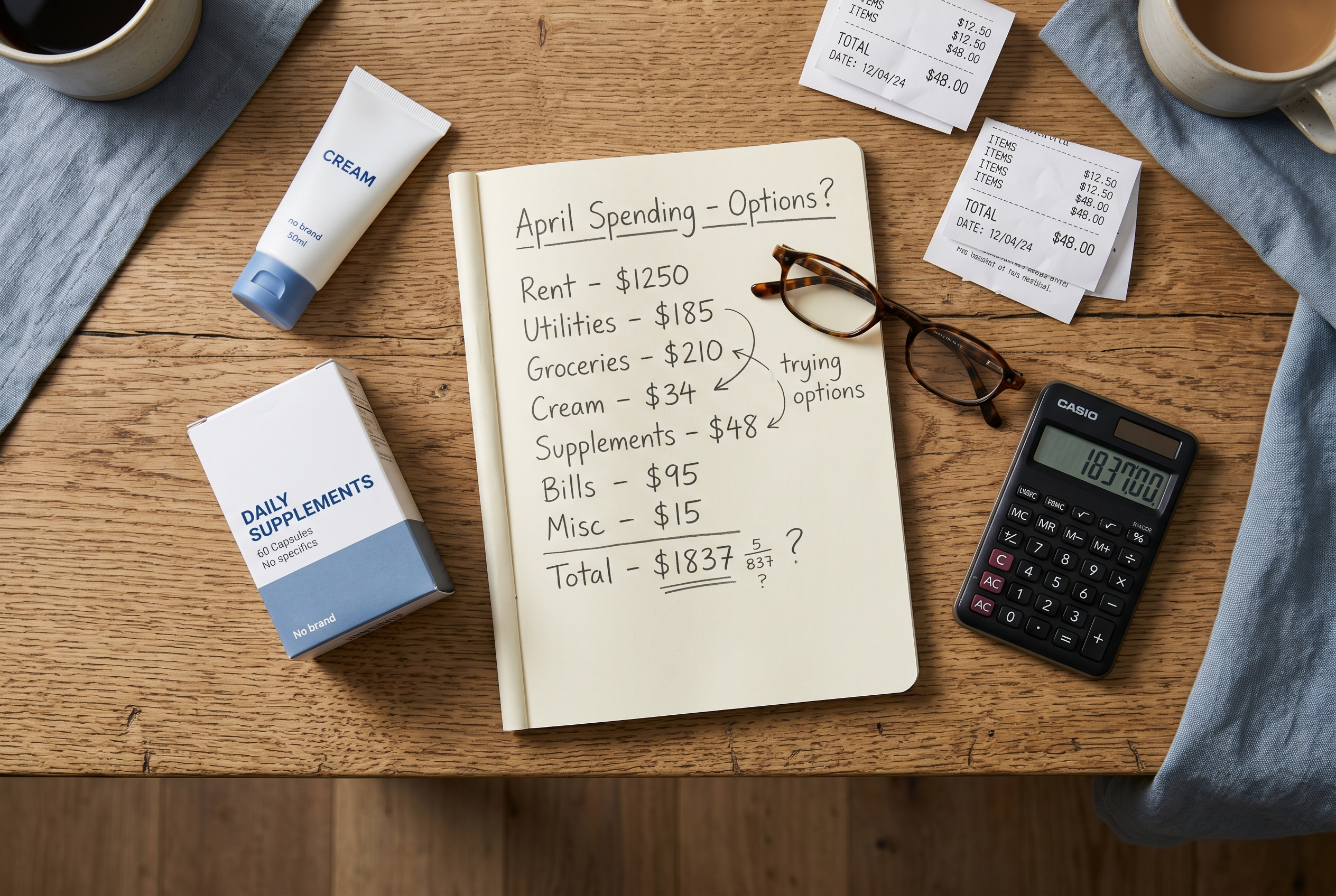A simple household spending note beside creams, receipts, and a calculator