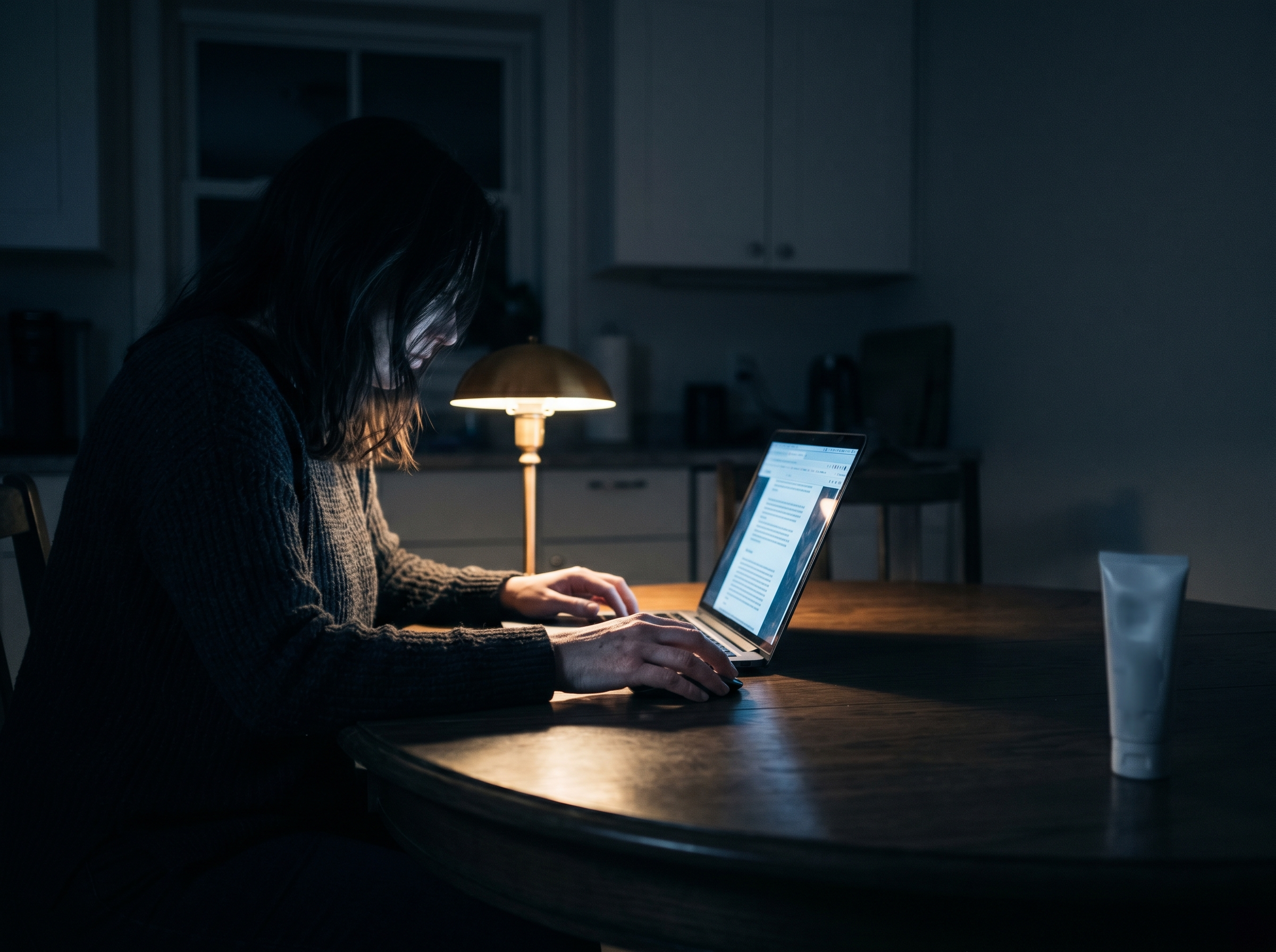A woman at a kitchen table late at night reading a dense research page, a single cream tube pushed out of the lamp light