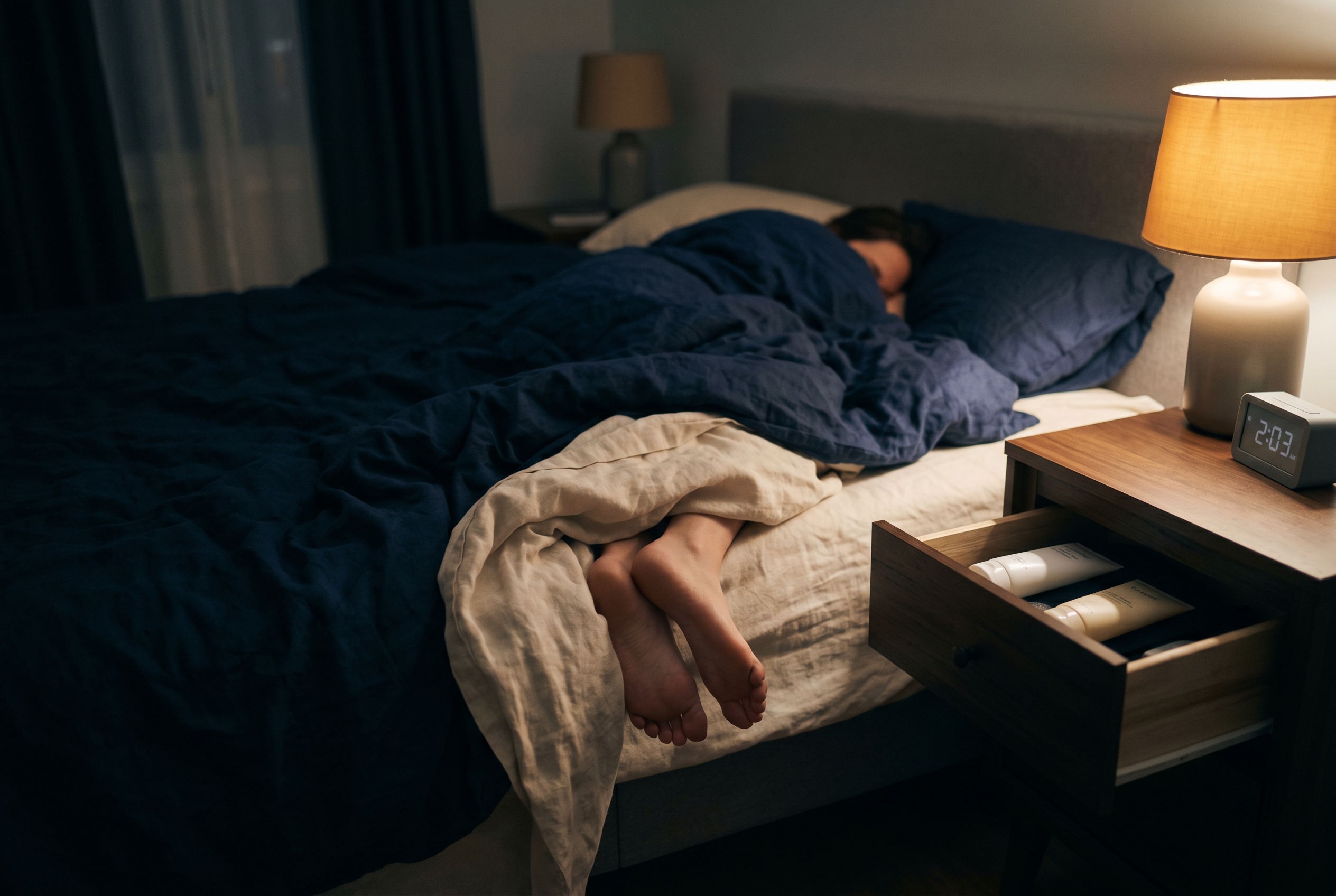Feet pushed out from under a sheet at night beside a drawer of creams