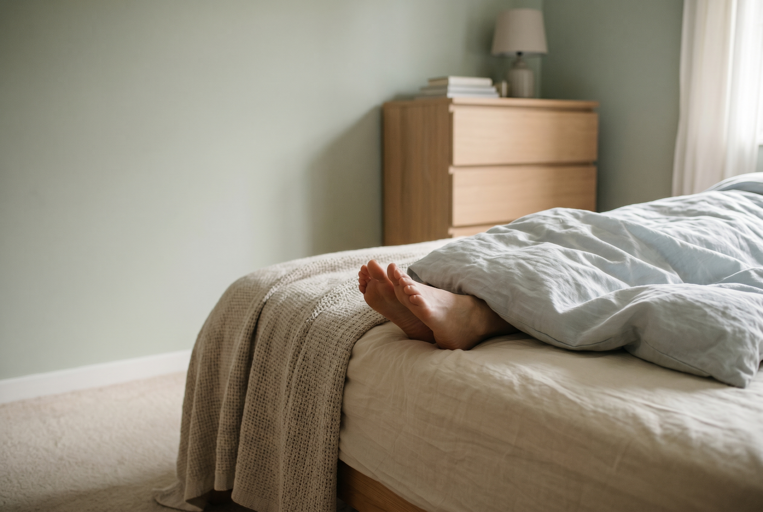 Feet resting under a light duvet in soft morning light