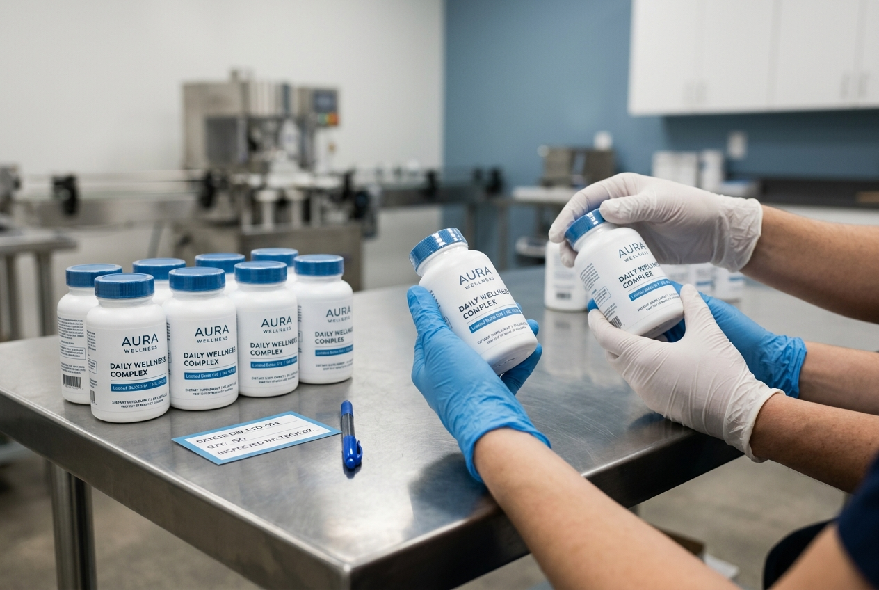A small batch of supplement bottles being checked on a clean packaging table