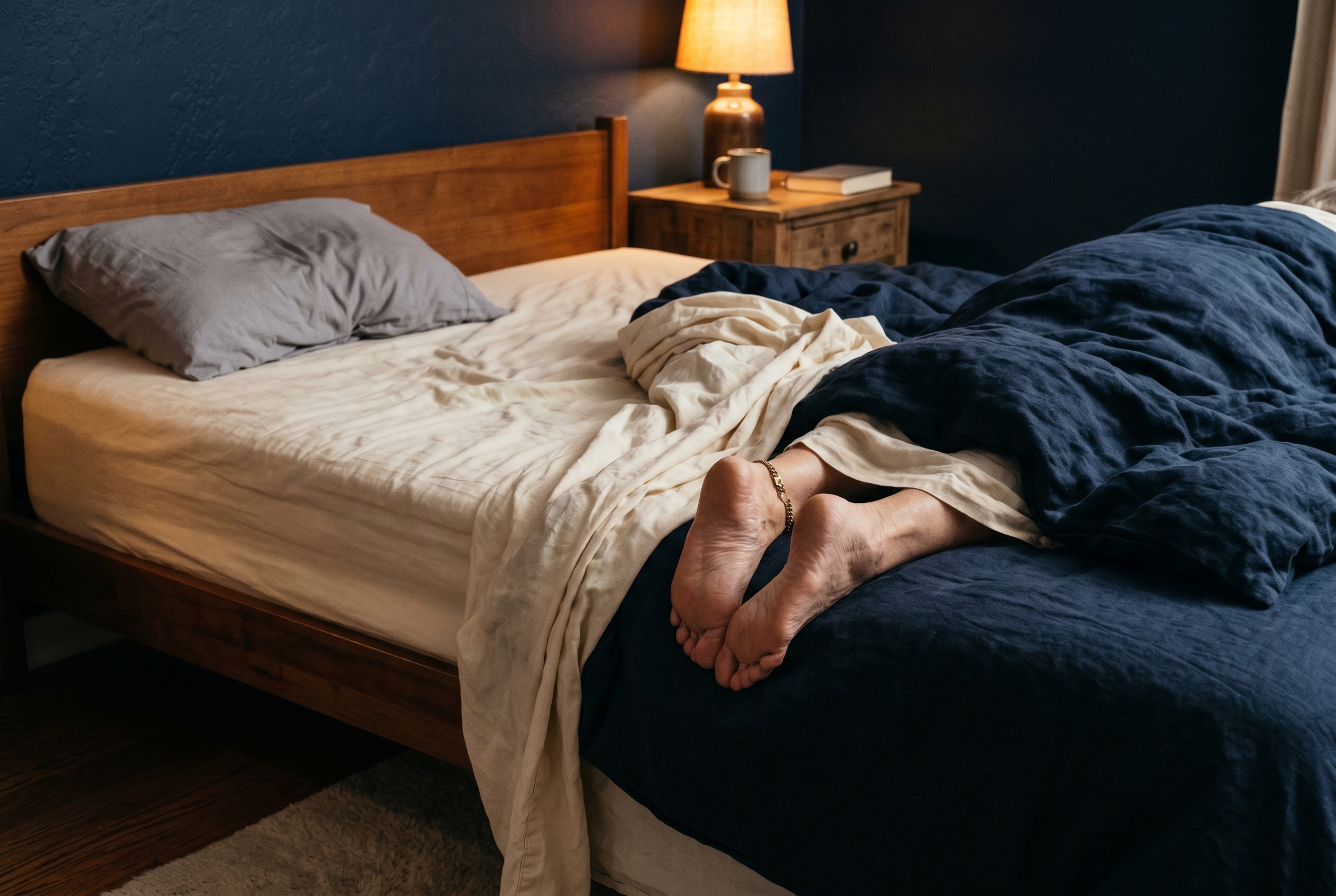 Older woman's feet out from under the sheet beside an empty pillow