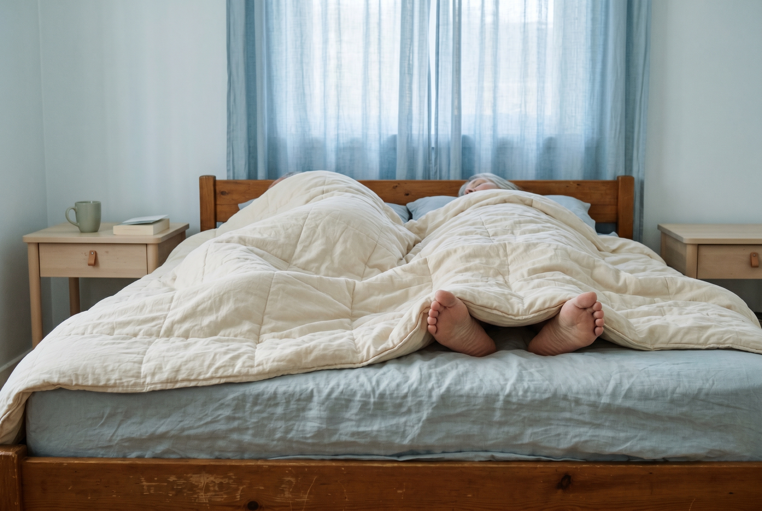 Older woman's feet under the duvet while both sides of the bed are occupied