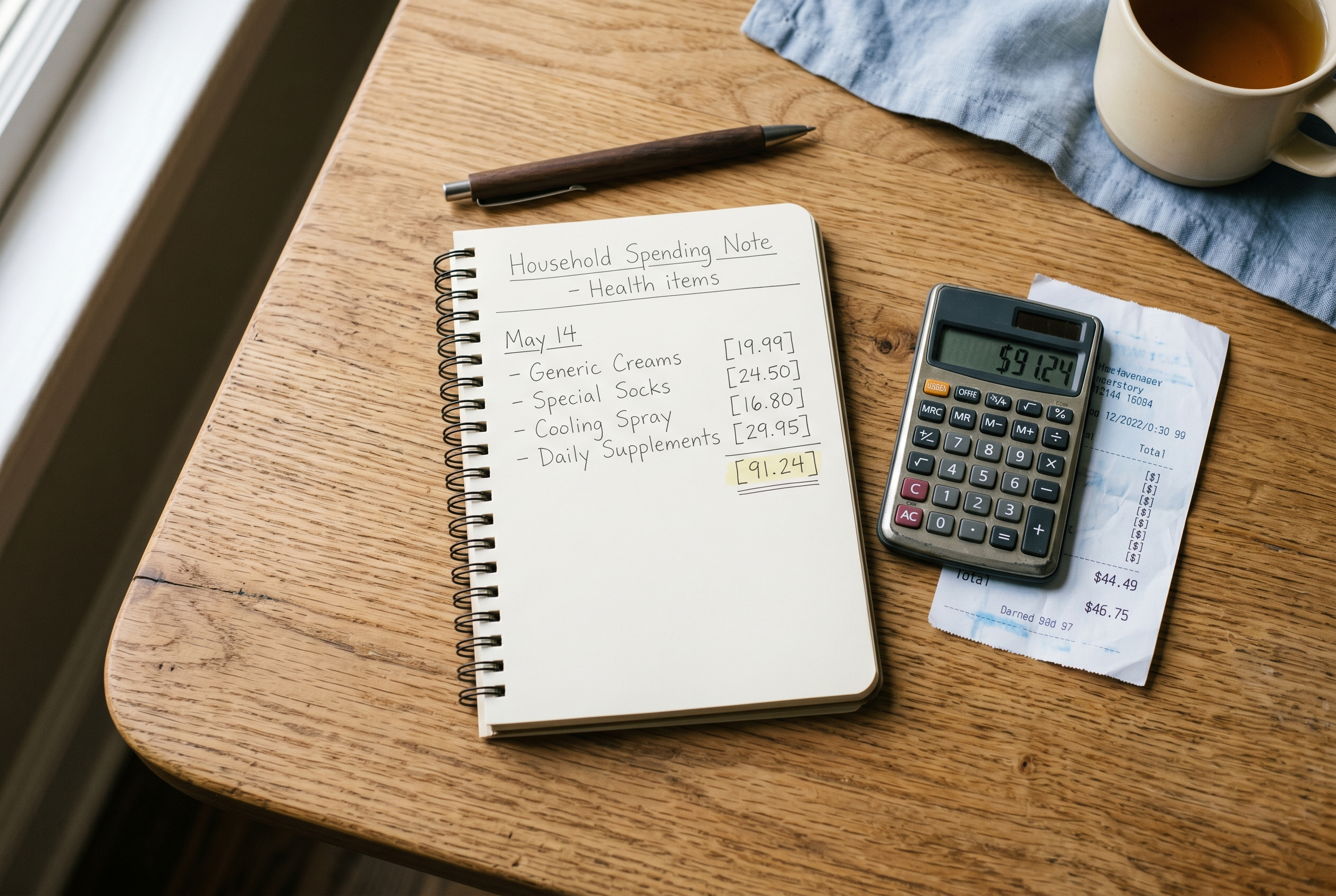 Household spending note beside generic creams, socks, cooling spray, receipts, and a calculator