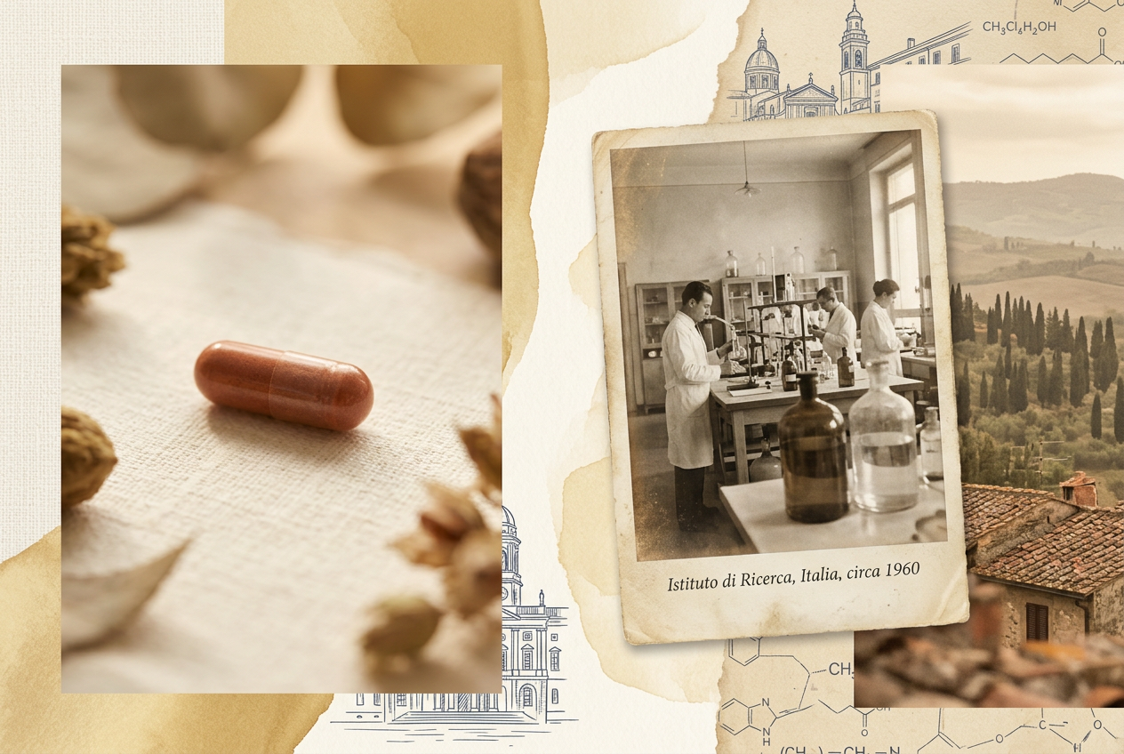 Editorial visual explaining PEA as a body-made compound used in Italy for inflammation and joint-pain research