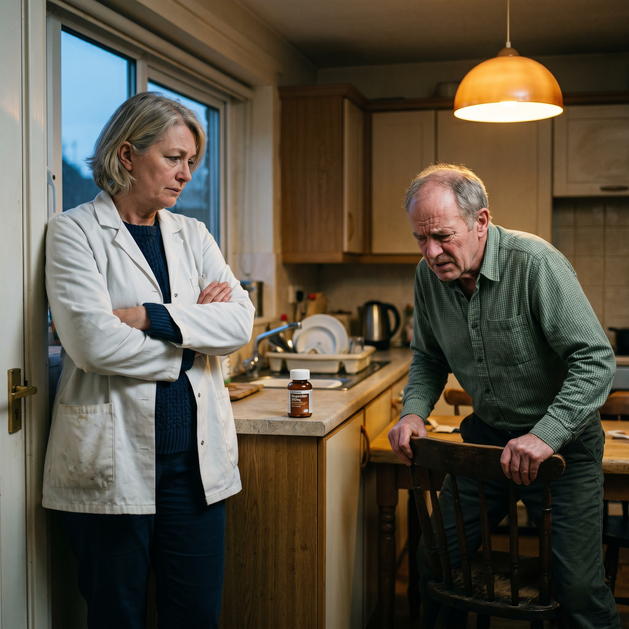 Pharmacist watching husband struggle to stand