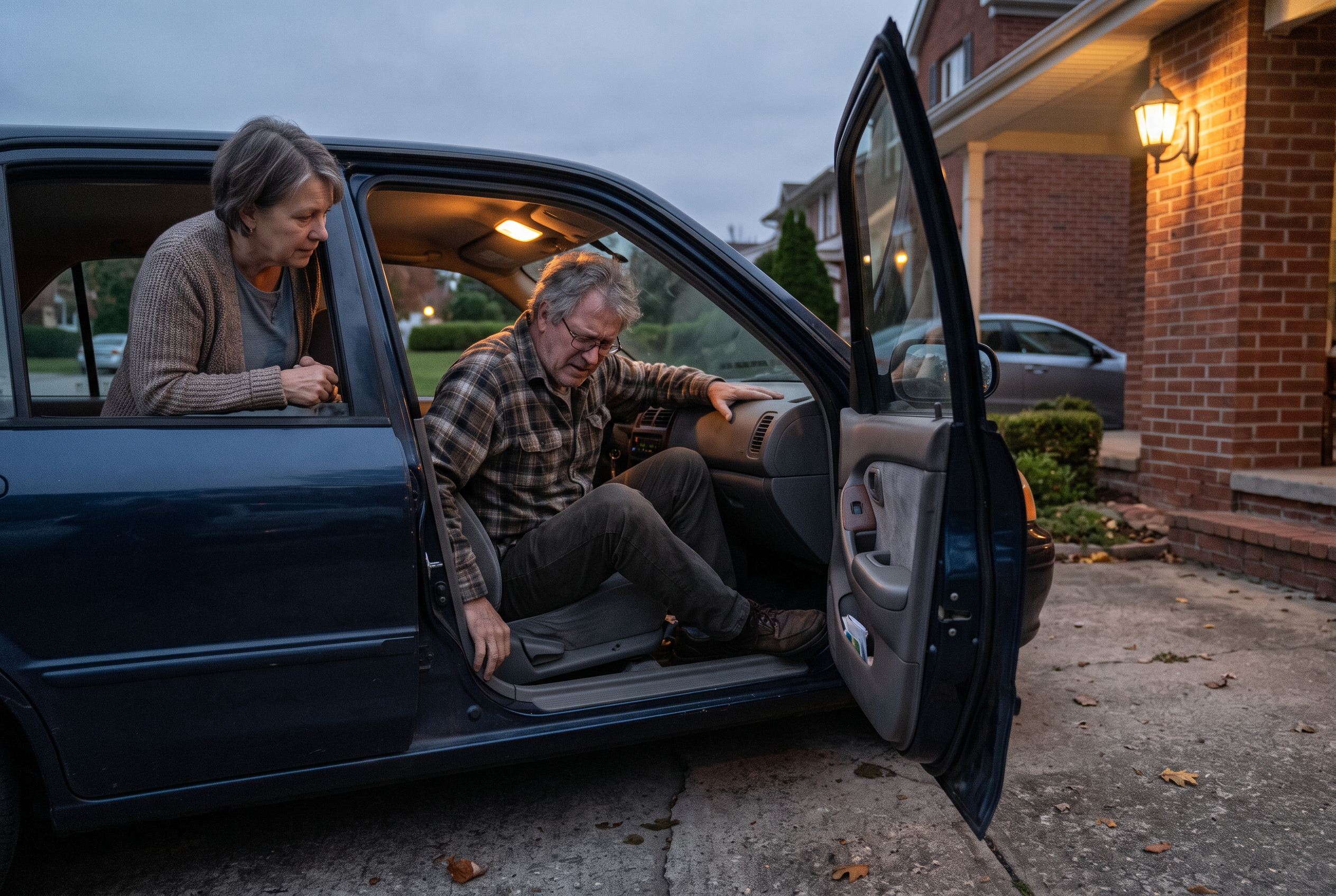 Man trapped in car in driveway at dusk