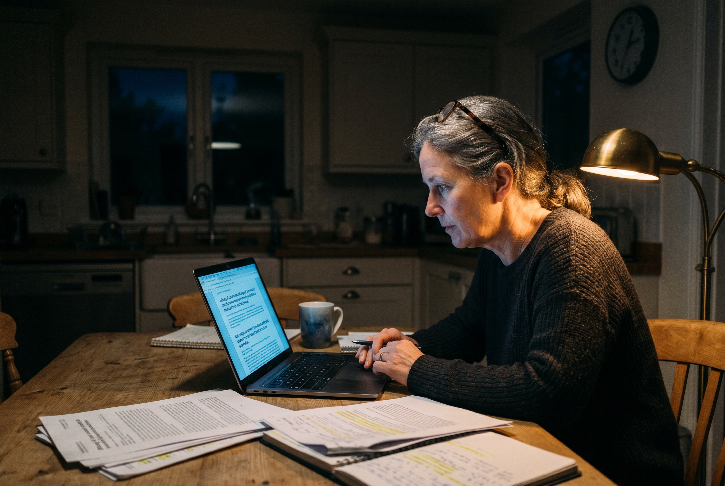 Late-night research at kitchen table