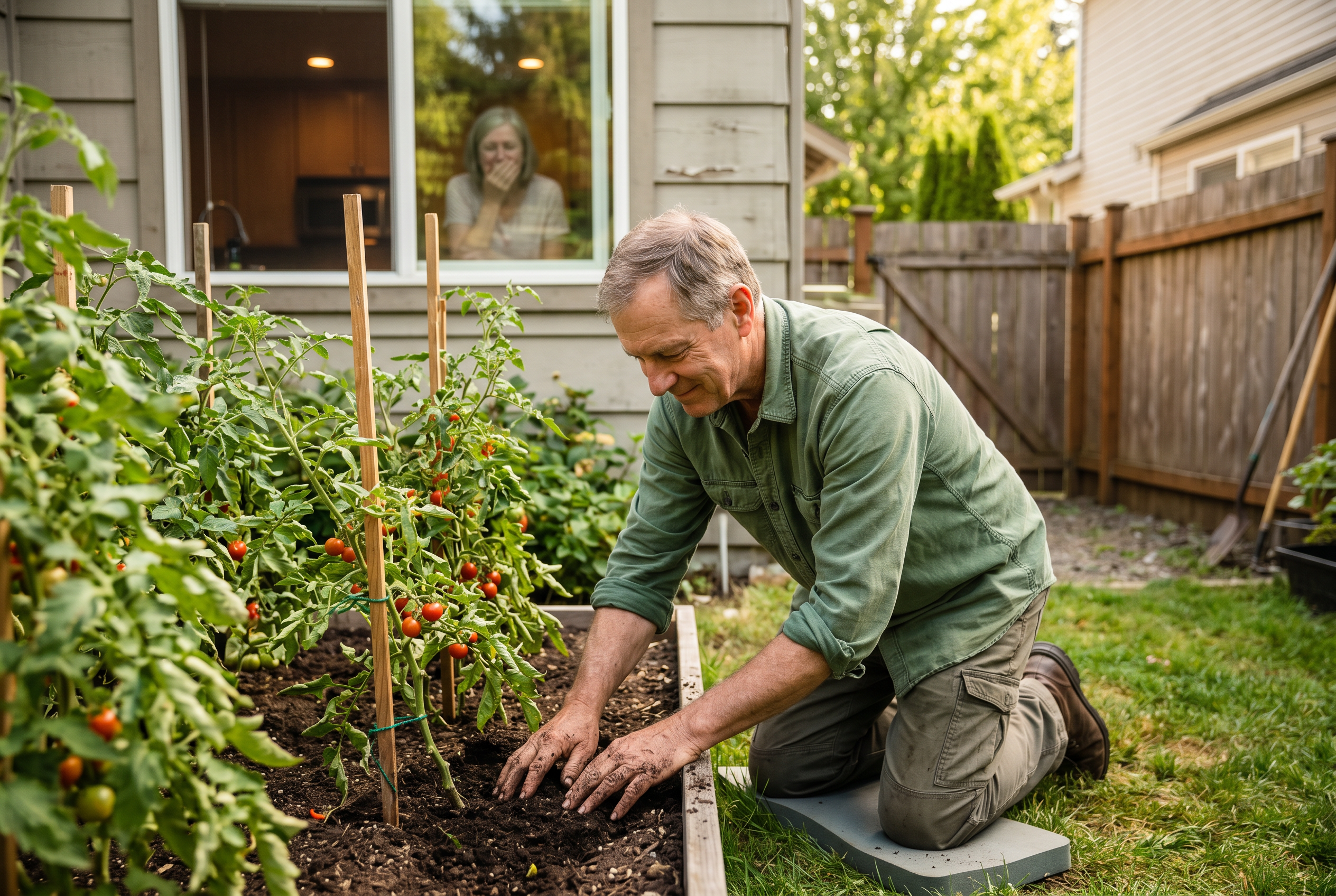Man kneeling in garden while wife watches