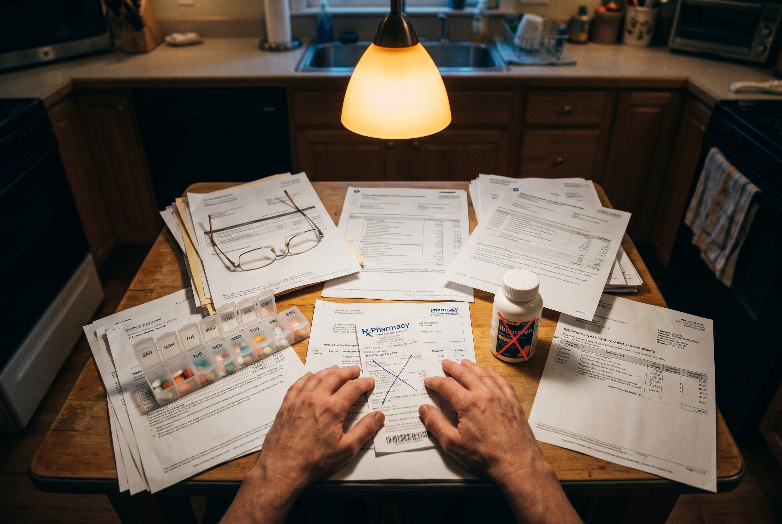 Medical bills and pharmacy receipts on kitchen table