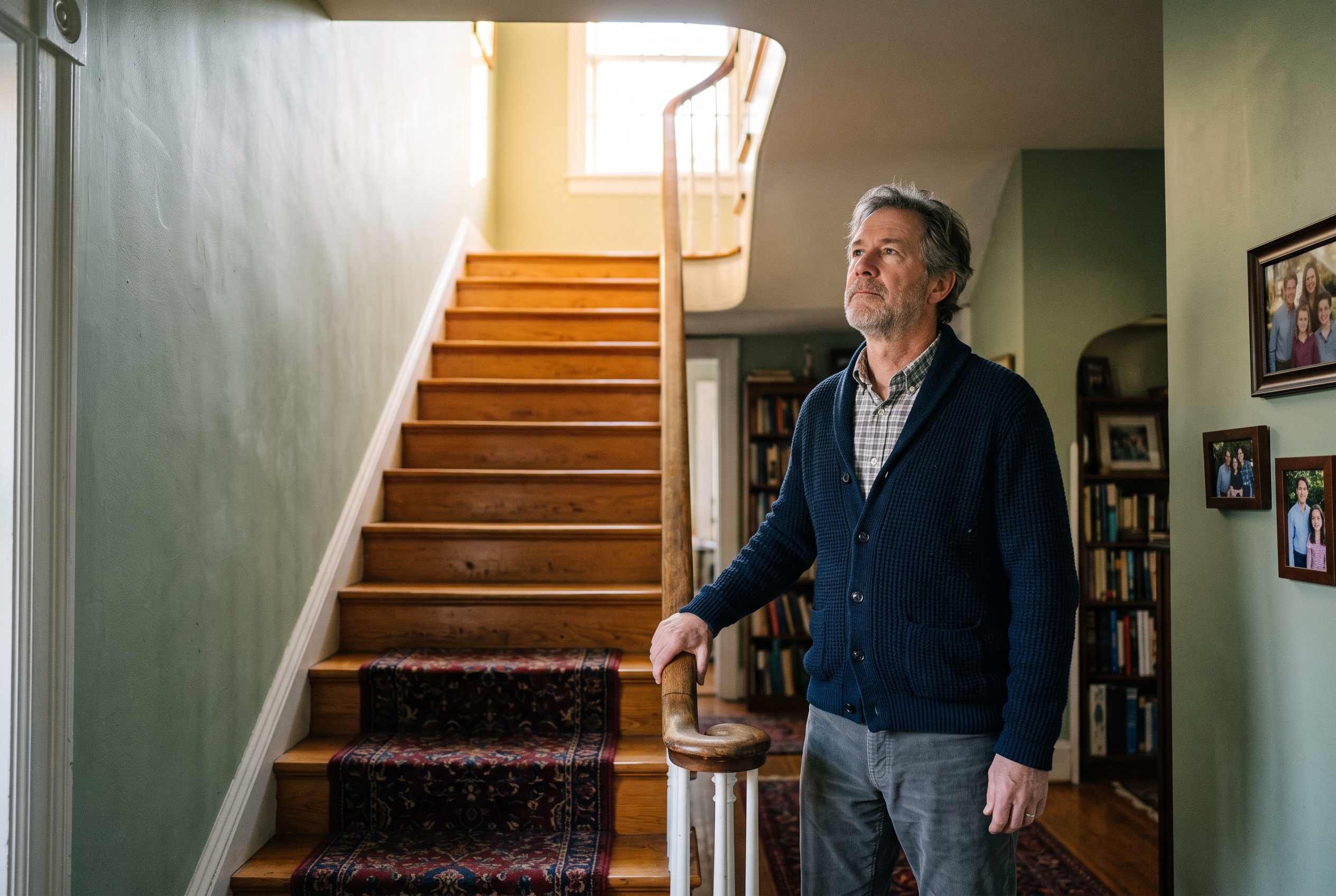 Man at bottom of staircase considering his next decade