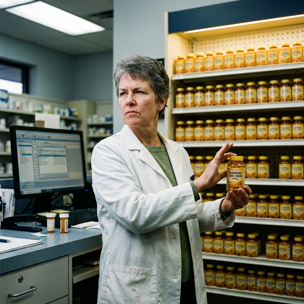 Pharmacist examining turmeric bottle