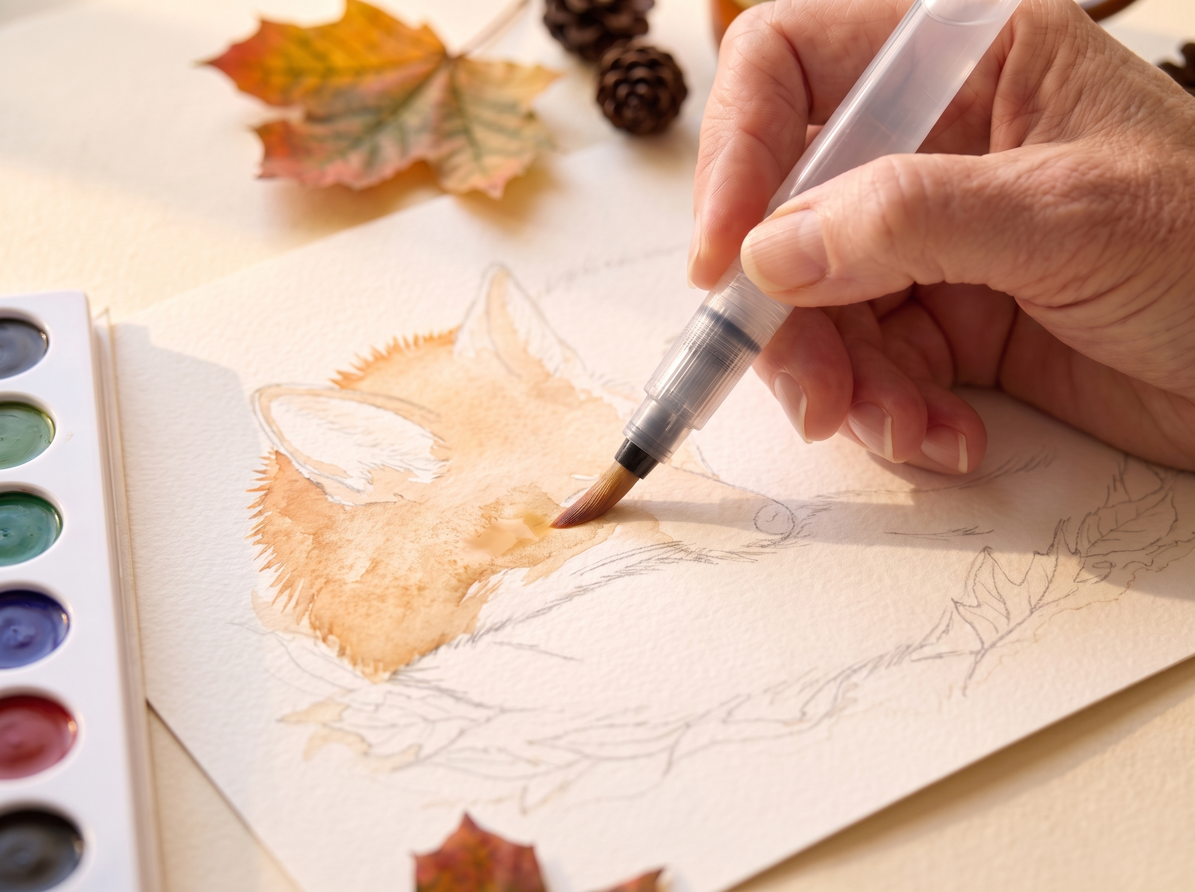 starting a watercolor fox with a light outline and a first russet-orange wash