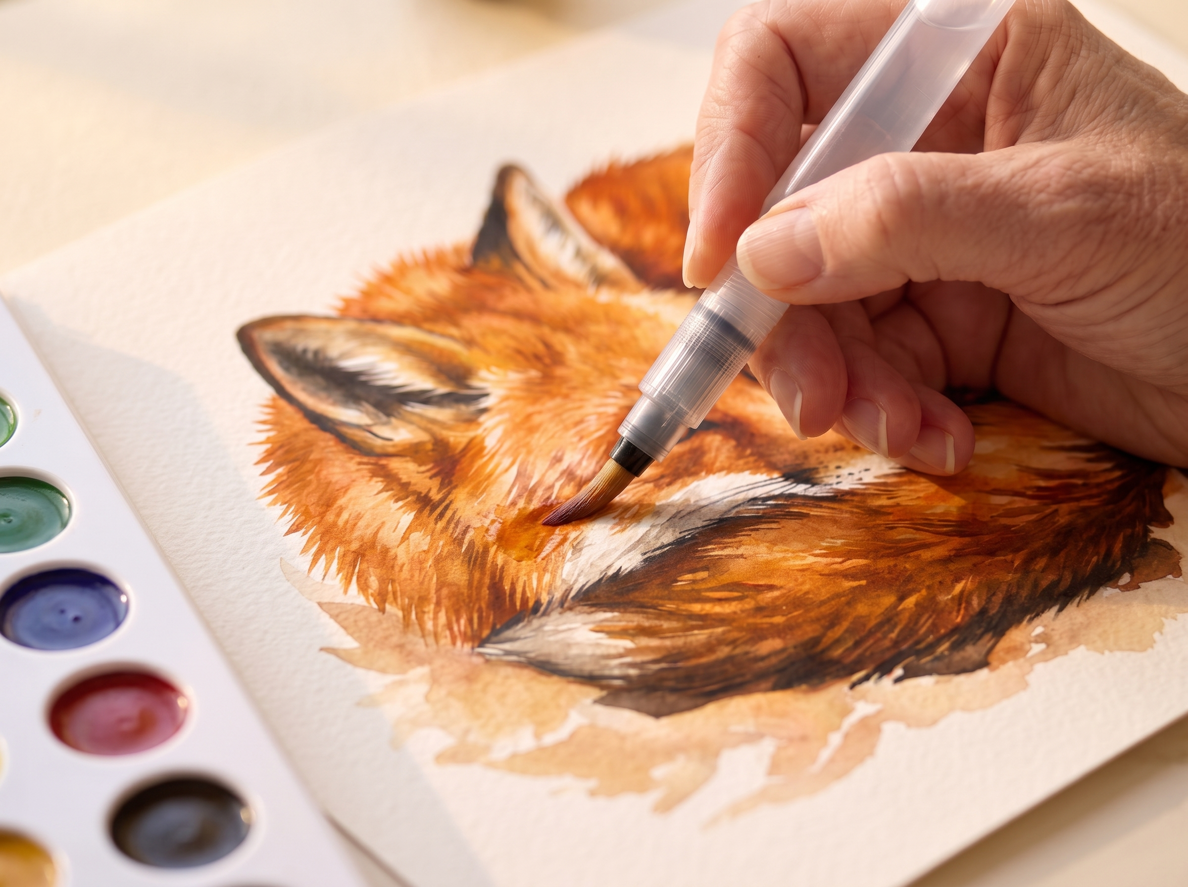 building the deeper russet-orange body of a curled watercolor fox