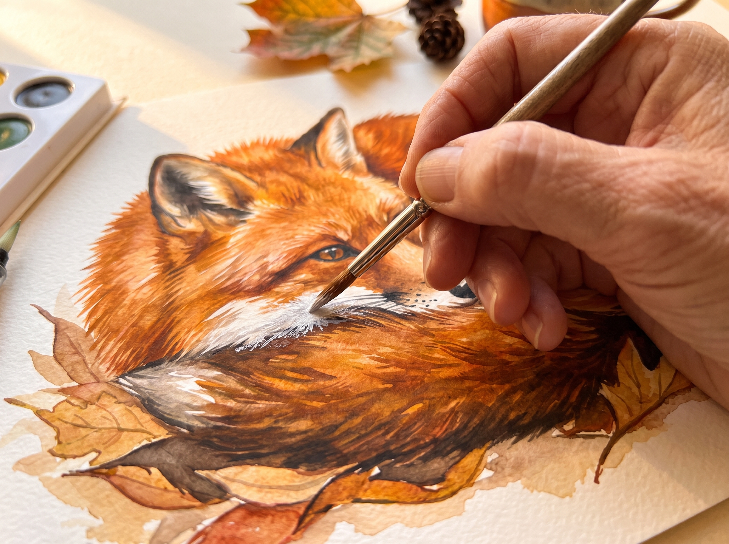 adding fur texture, white chest and face details to a curled watercolor fox