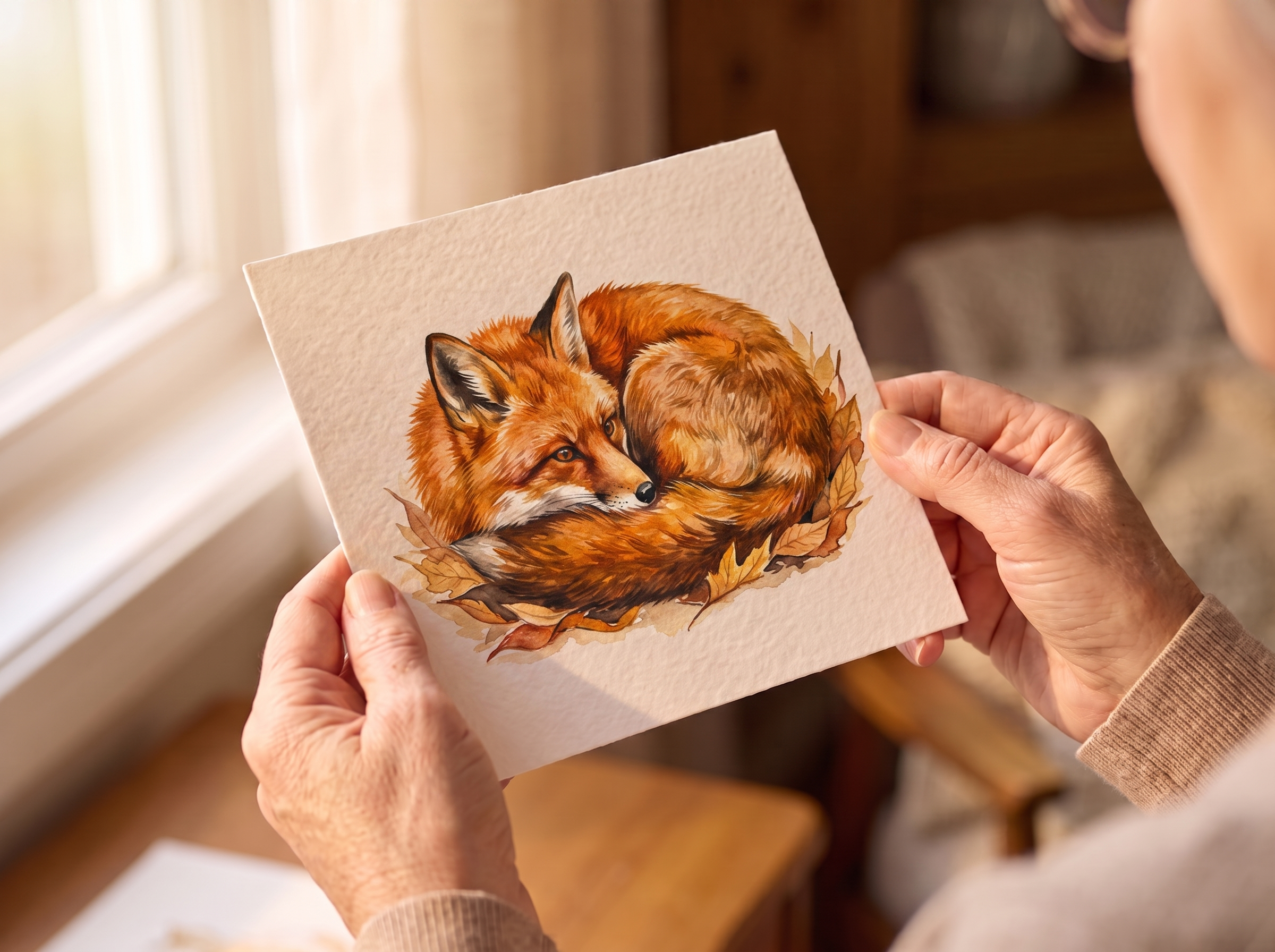 finished watercolor sleeping fox in autumn leaves held up to a window