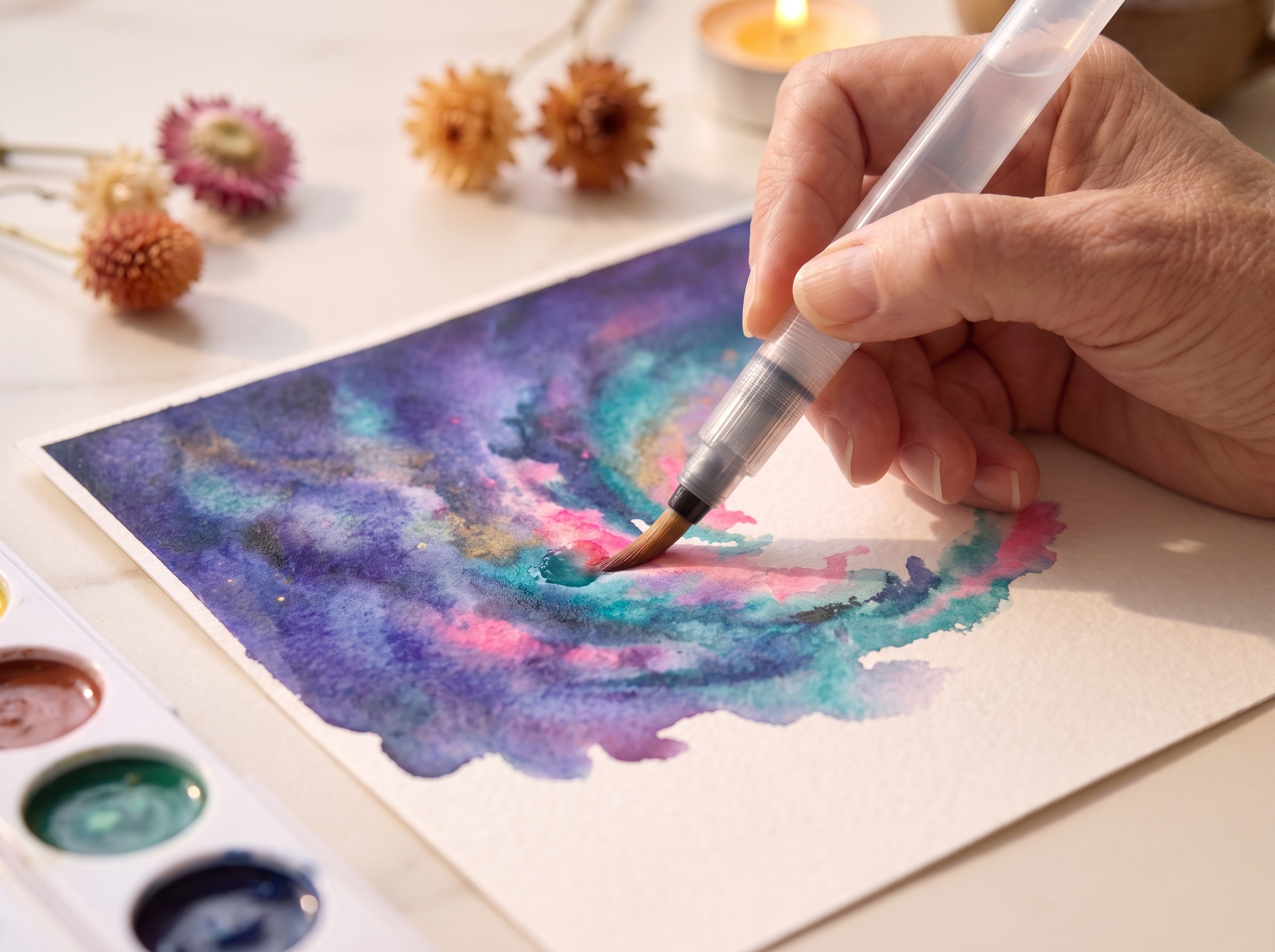 painting a wet swirling indigo, pink and teal galaxy wash