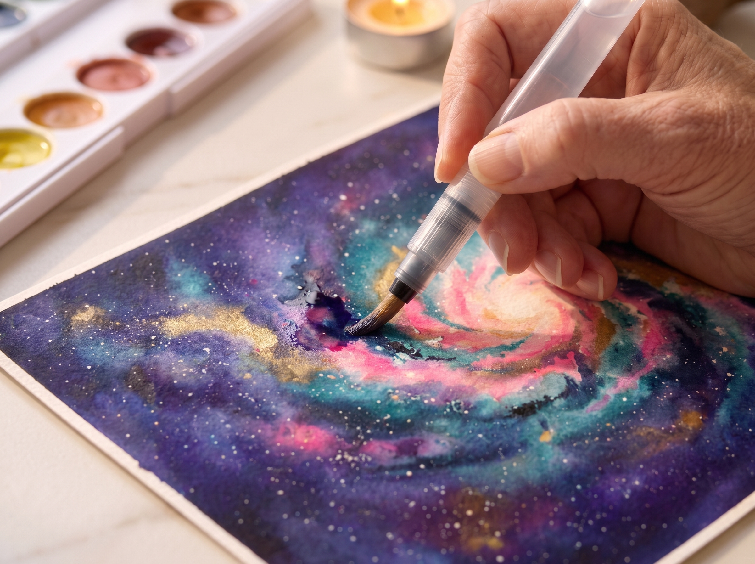 deepening the indigo and glowing pink of a wet watercolor galaxy