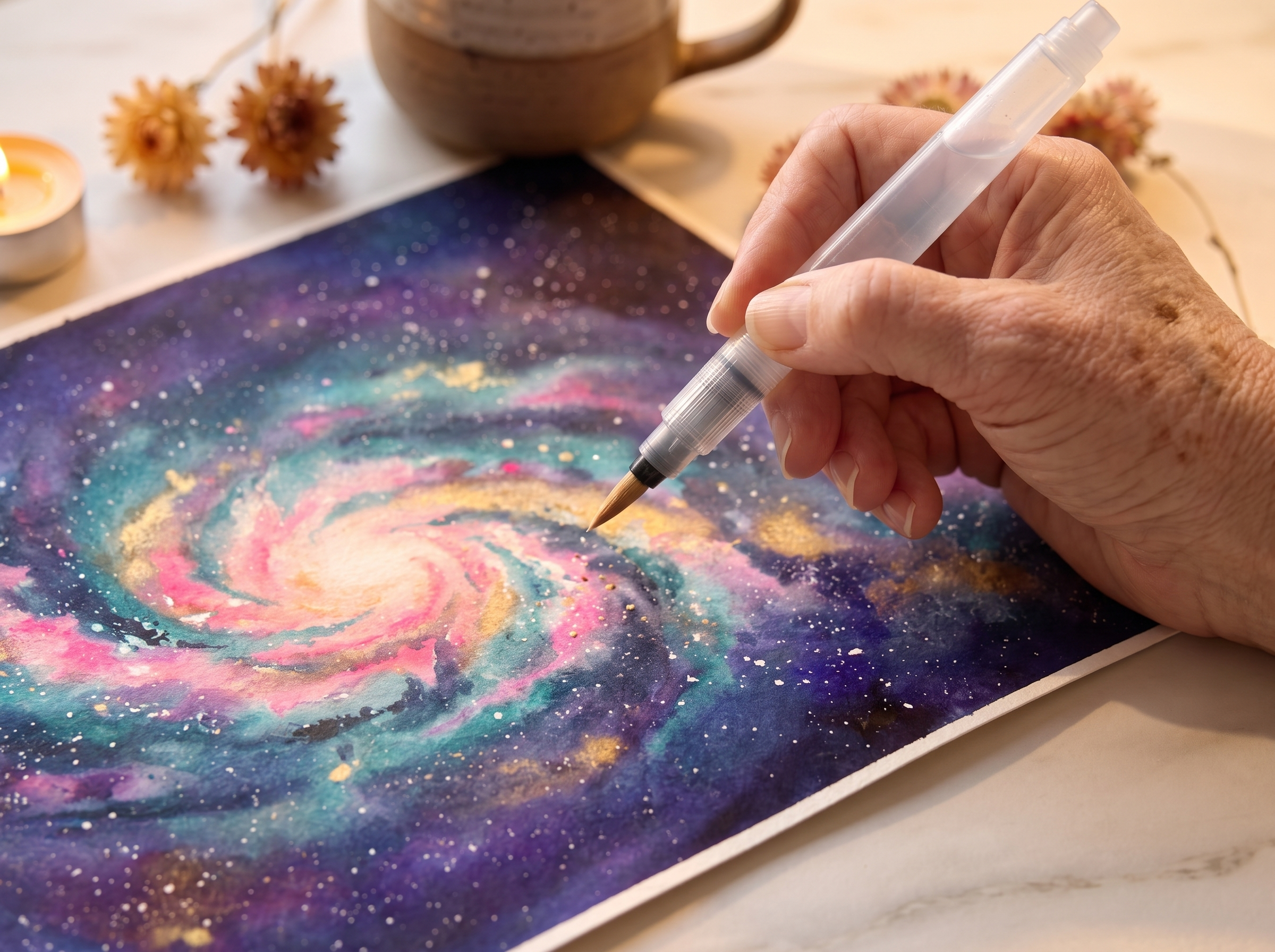 flicking white and gold stars over a finished watercolor galaxy