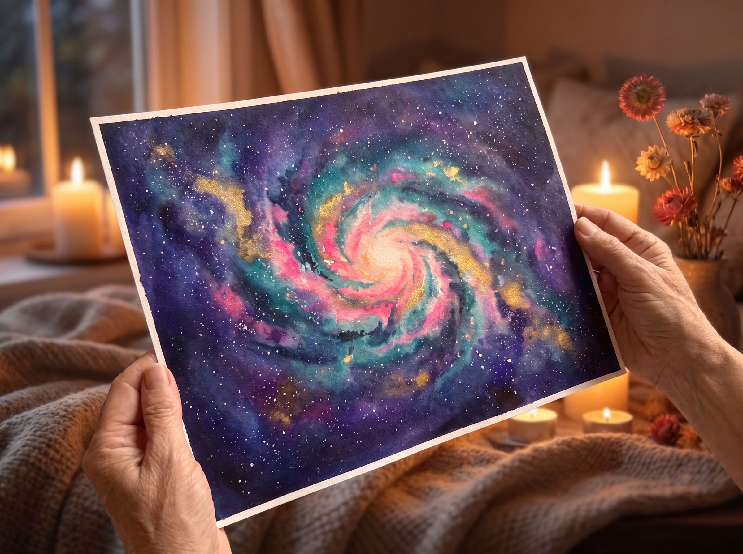 finished watercolor spiral galaxy held up to a candlelit window