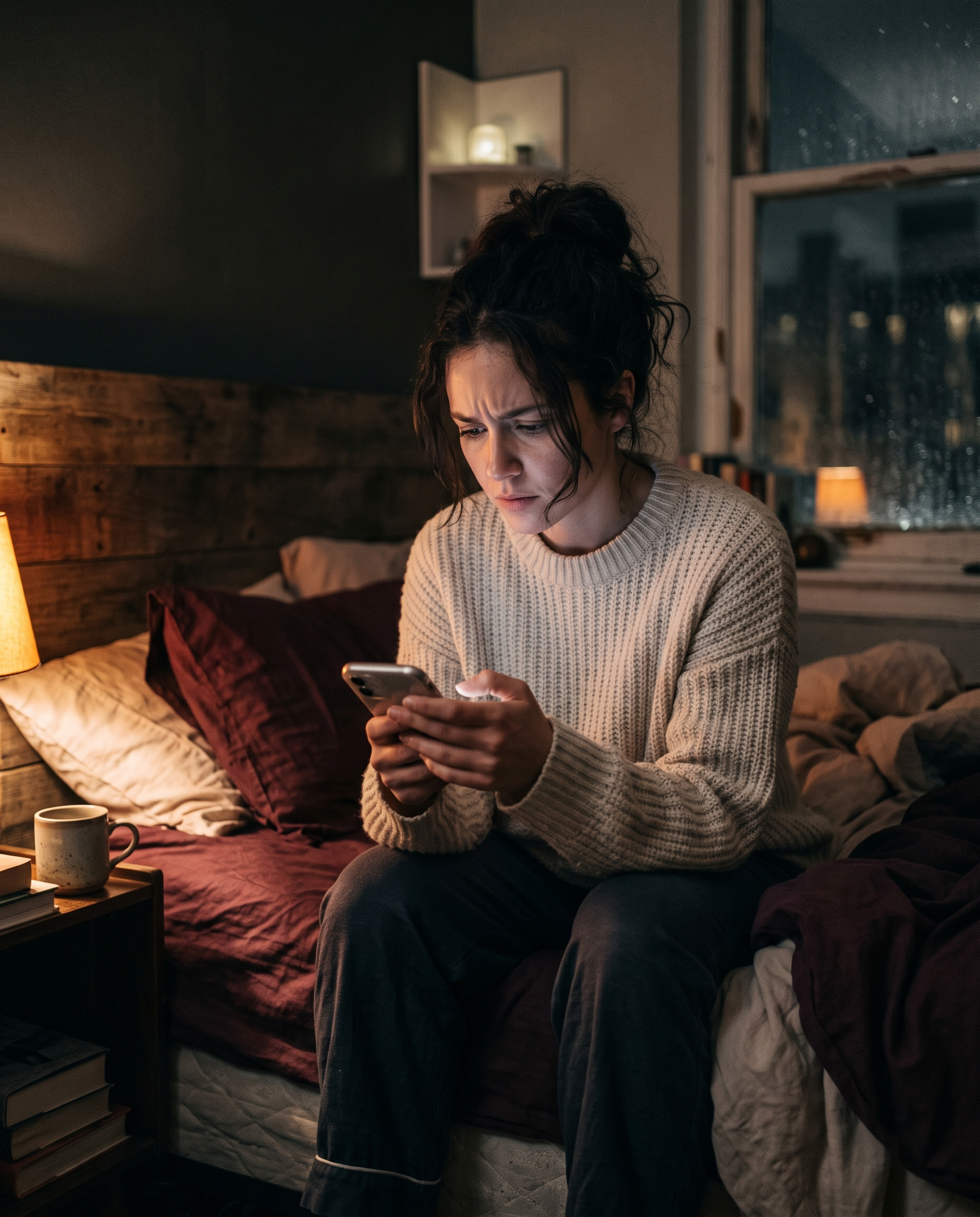 A woman on the edge of her bed at night, phone in hand, deciding whether to send it