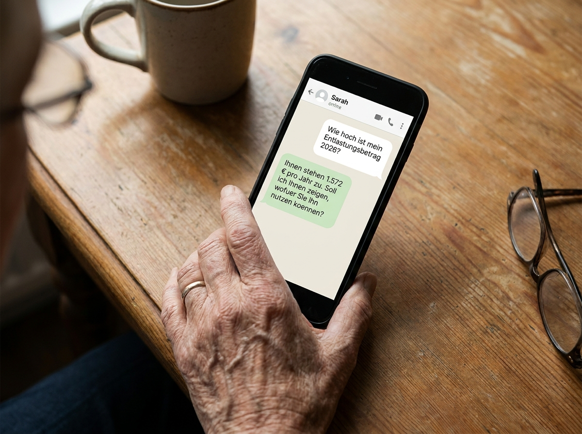 WhatsApp-Chat-Beispiel: Frage zum Entlastungsbetrag, Sarahs Antwort mit konkreter Zahl