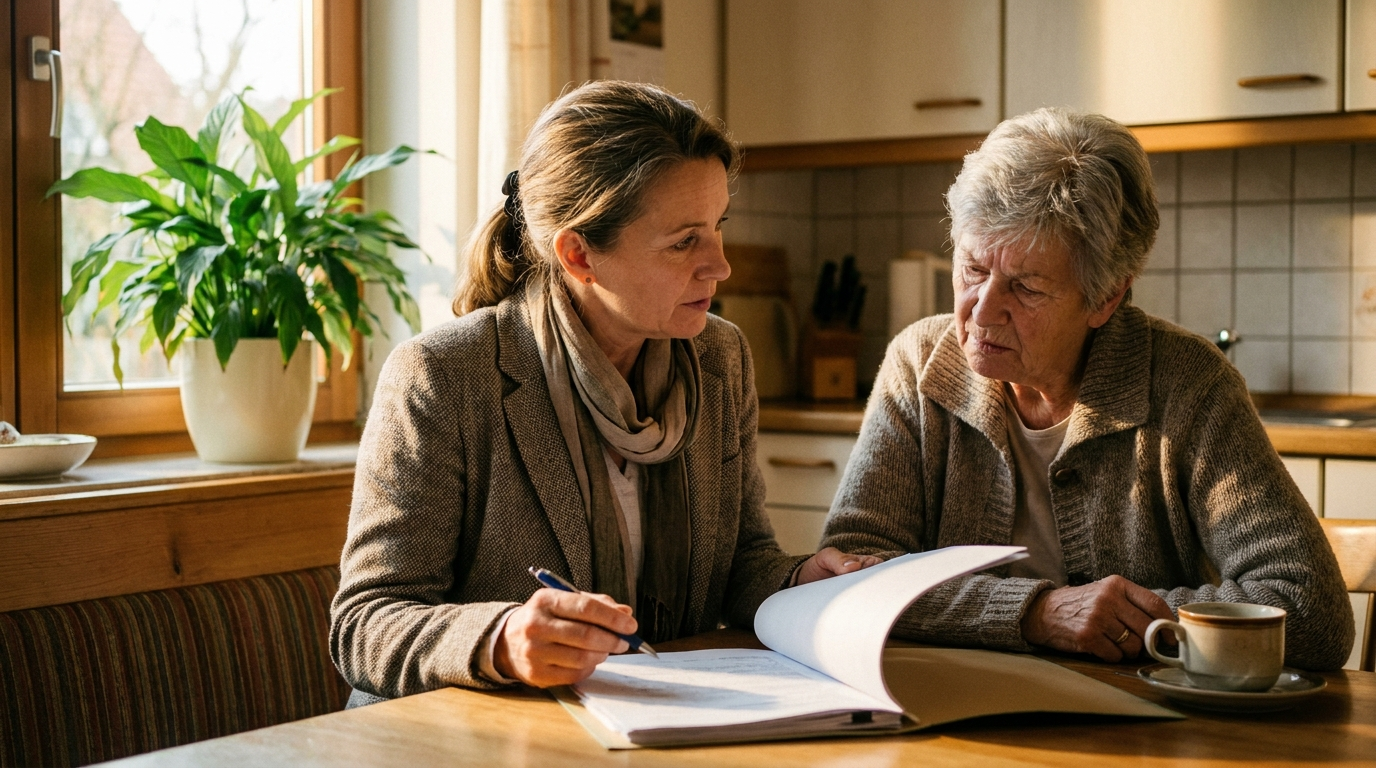 Eine Pflegeberaterin sitzt mit einer älteren Frau am Küchentisch und prüft gemeinsam Pflegekassen-Unterlagen