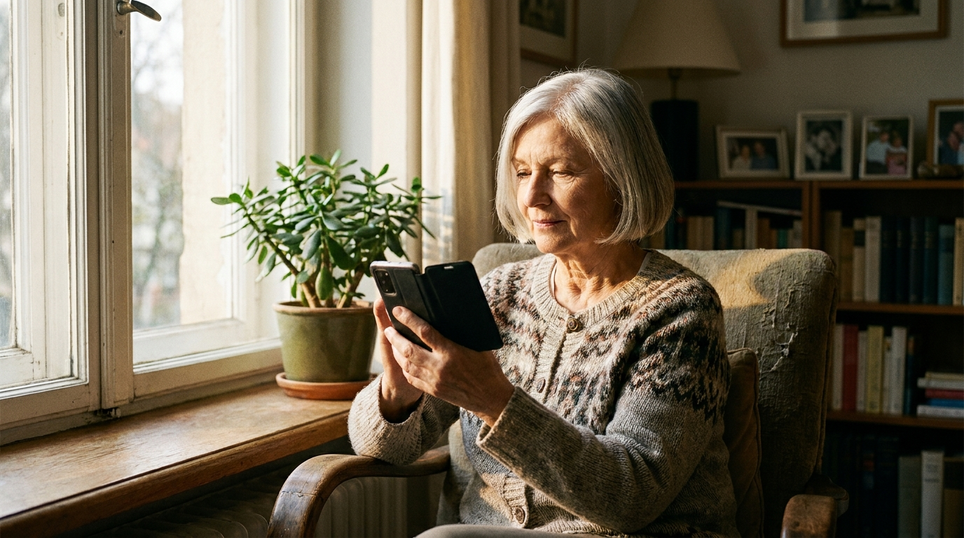 Eine ältere Frau am Fenster, das Smartphone in der Hand, in nachmittäglichem Licht