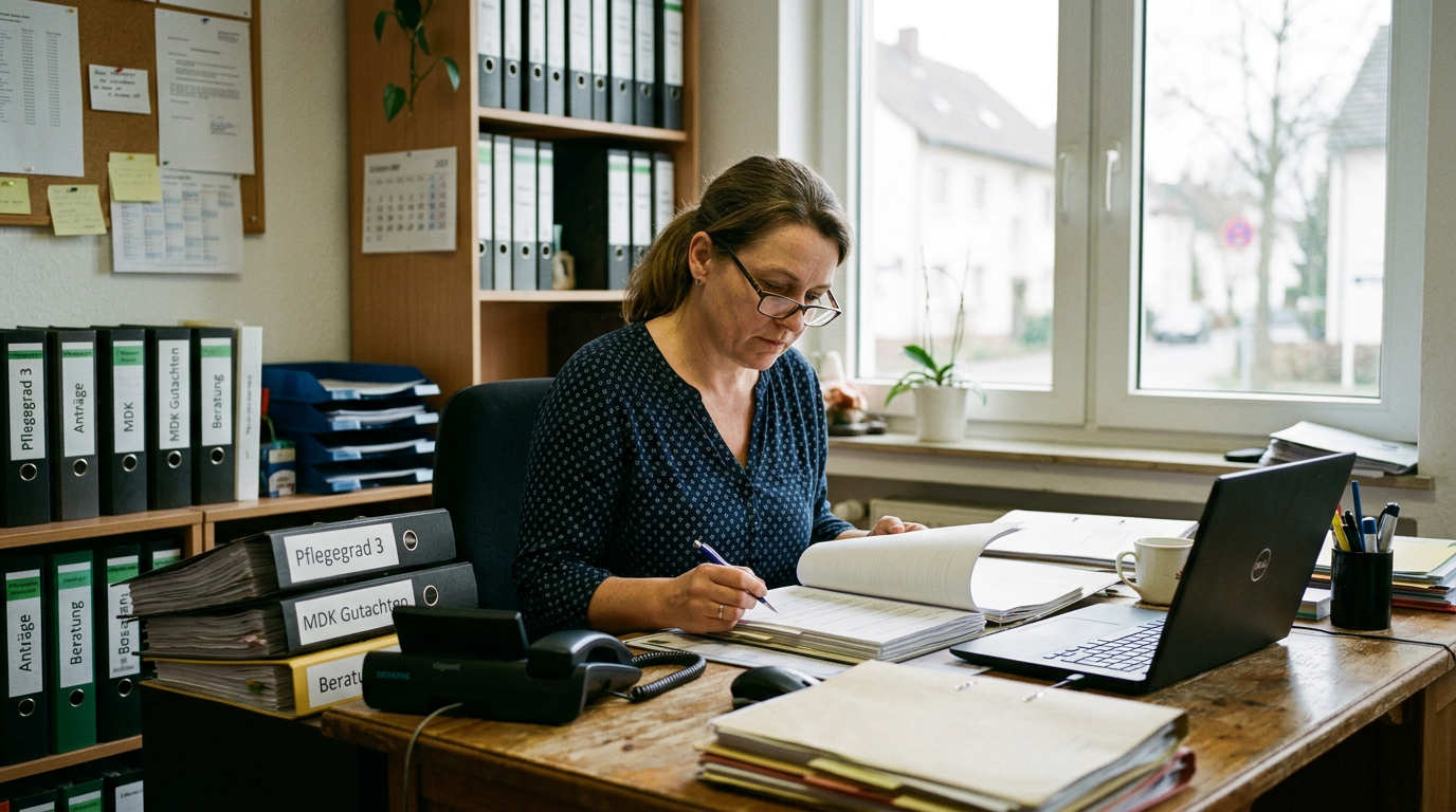 Eine Pflegeberaterin an ihrem Schreibtisch in einem kleinen, unabhängigen Beratungsbüro