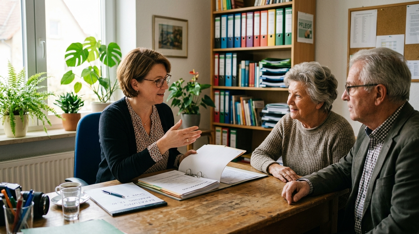 Eine Pflegeberaterin erklärt einem älteren Paar an ihrem Schreibtisch die nächsten Schritte