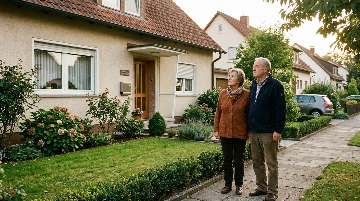 Älteres Ehepaar steht nachdenklich vor seinem Einfamilienhaus