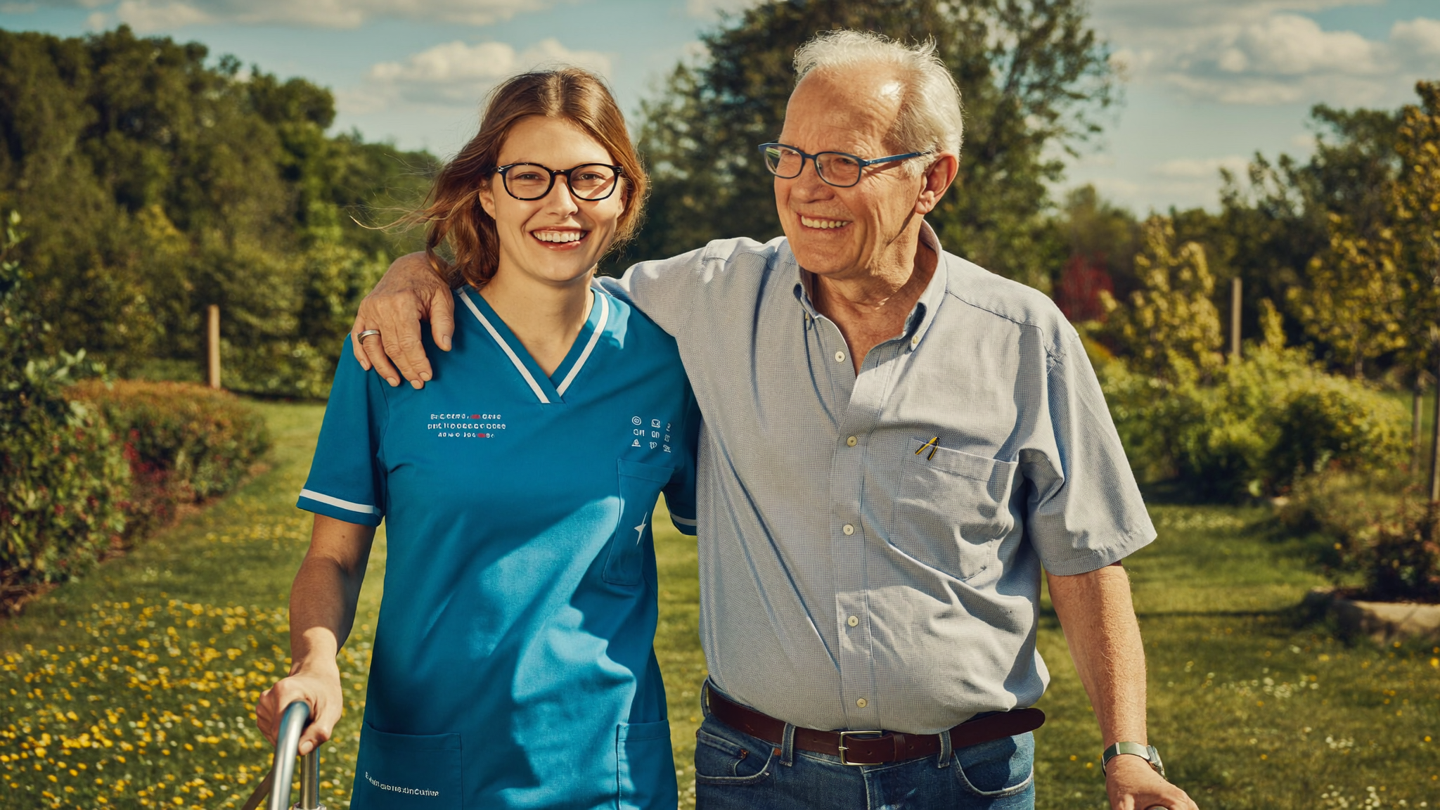Freundliche Vertretungskraft geht Arm in Arm mit einem älteren Mann durch einen sommerlichen Garten