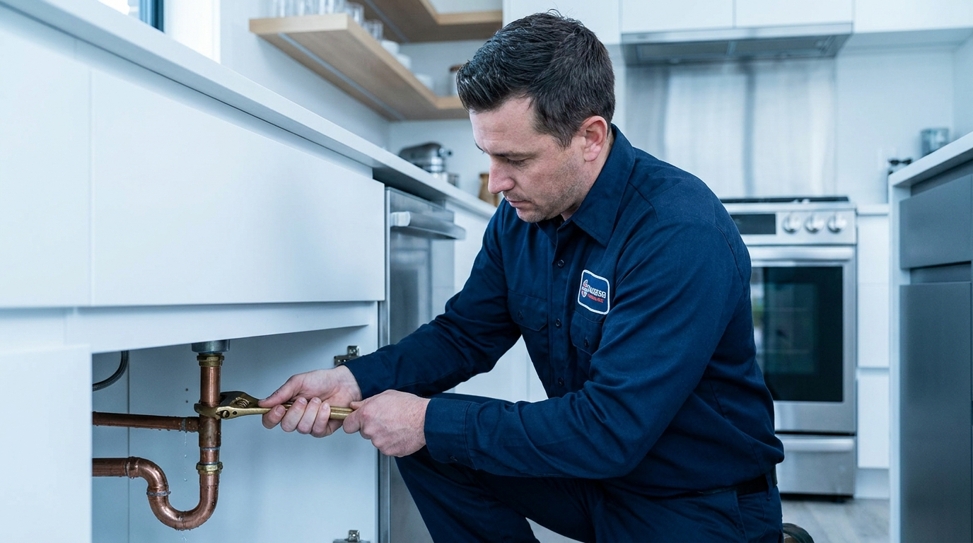Plumber tightening a copper pipe fitting under a sink