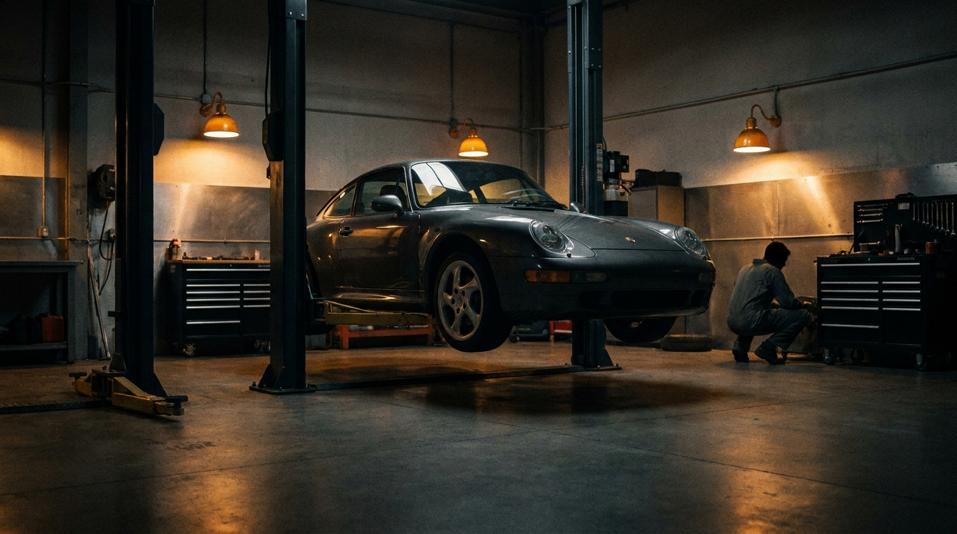 Car on a lift in a dark auto shop with amber work lights