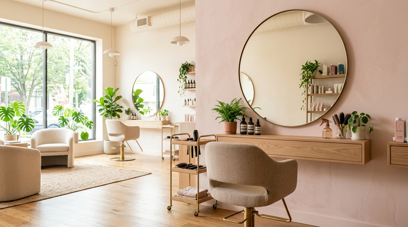 Bright salon interior with styling chair and round mirror