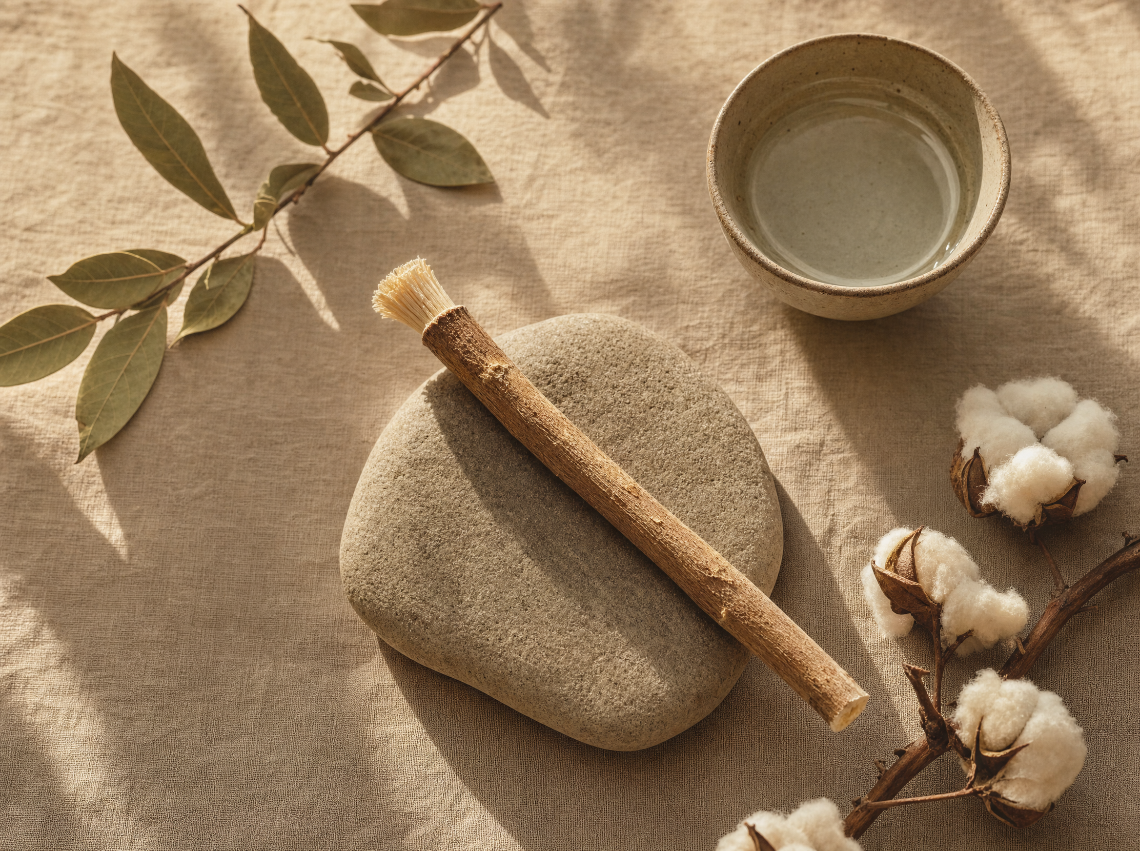 A single meela siwak stick resting on a smooth stone with dried leaves