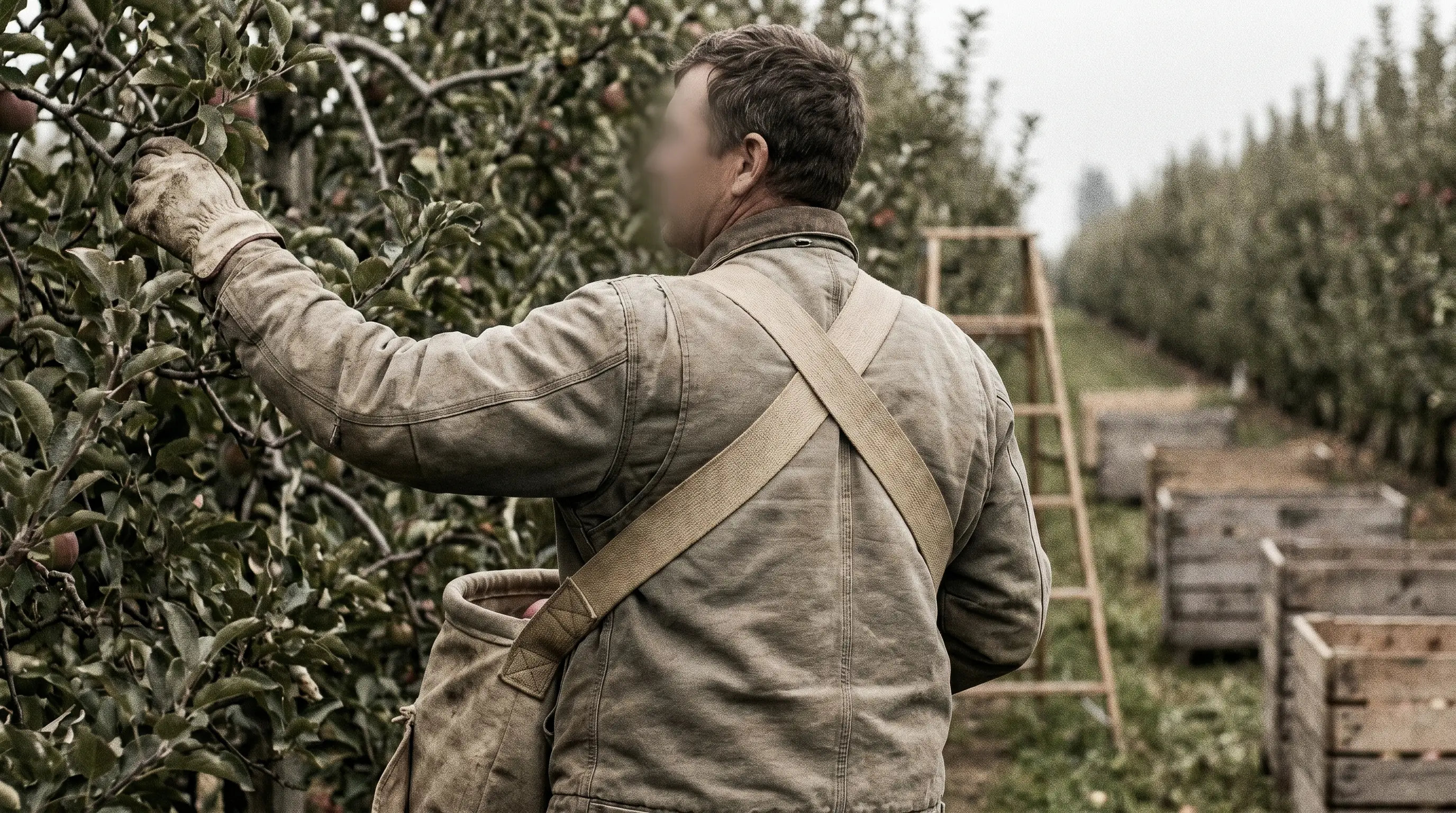 A commercial apple picker wearing a cross-back harvest bag in an orchard