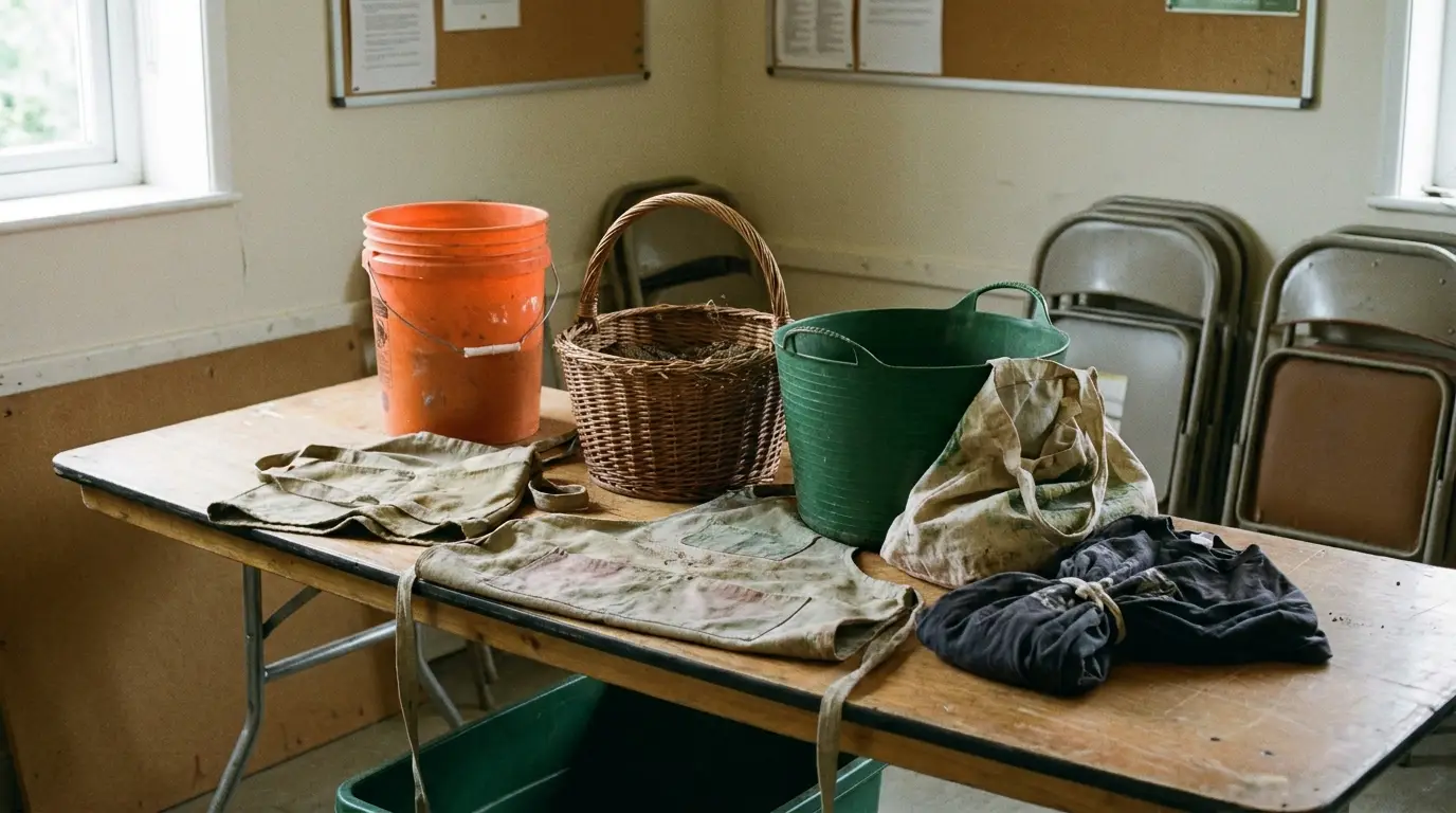 Buckets, baskets, single-strap aprons and tote bags on a workshop table