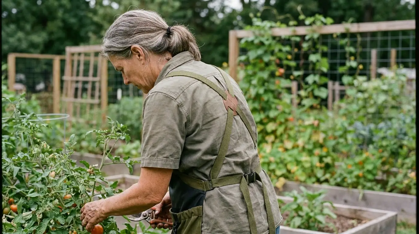 The cross-back X straps of an olive waxed-canvas harvest apron, worn in the garden