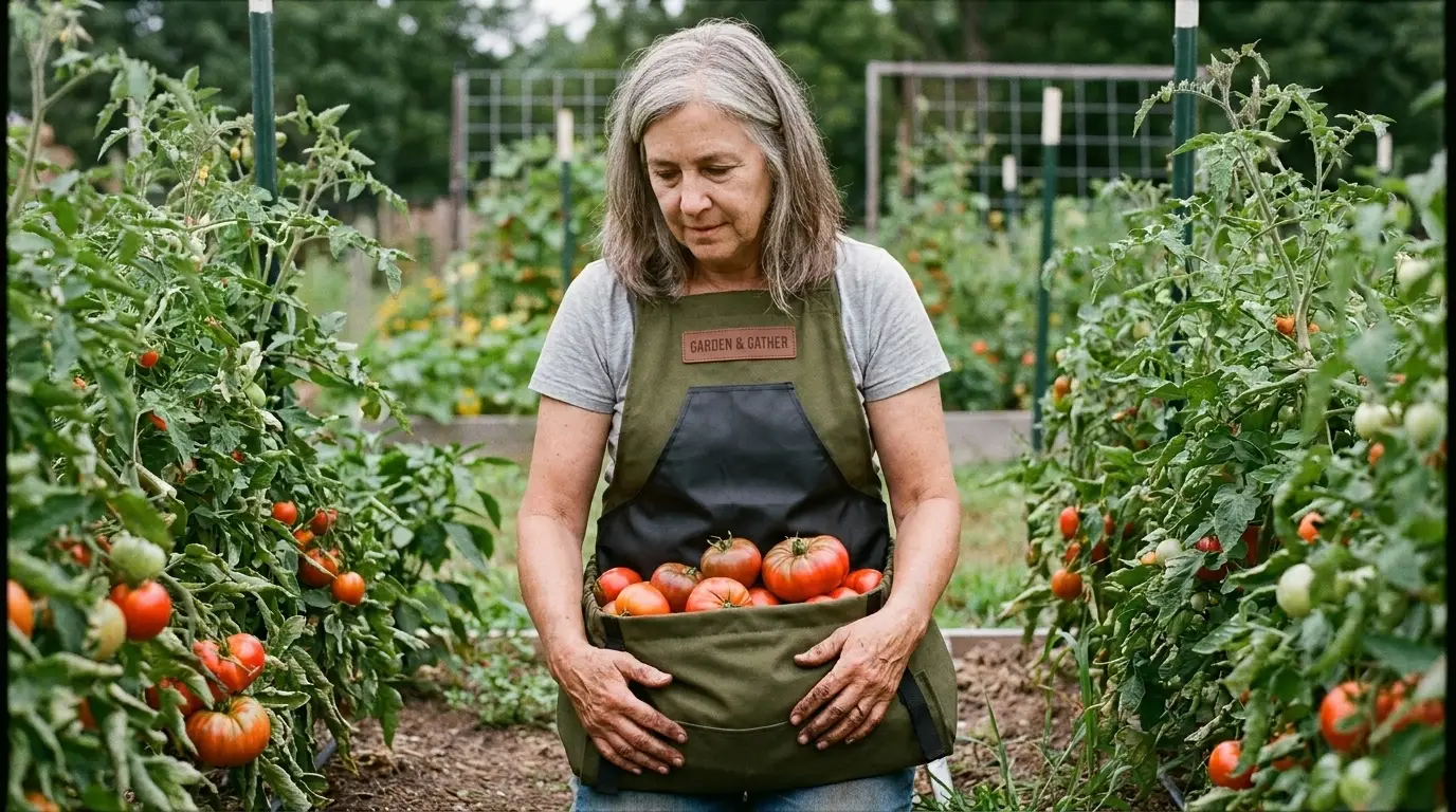 The Grange Carrier harvest apron loaded with ripe tomatoes