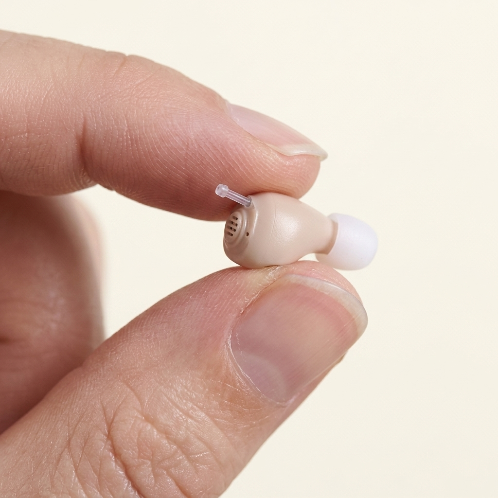 Hartwell hearing aid on a fingertip showing its tiny size