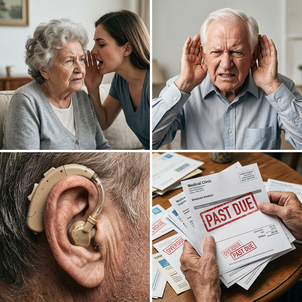 Collage showing common hearing struggles: missing conversations, cupping ear, bulky hearing aids