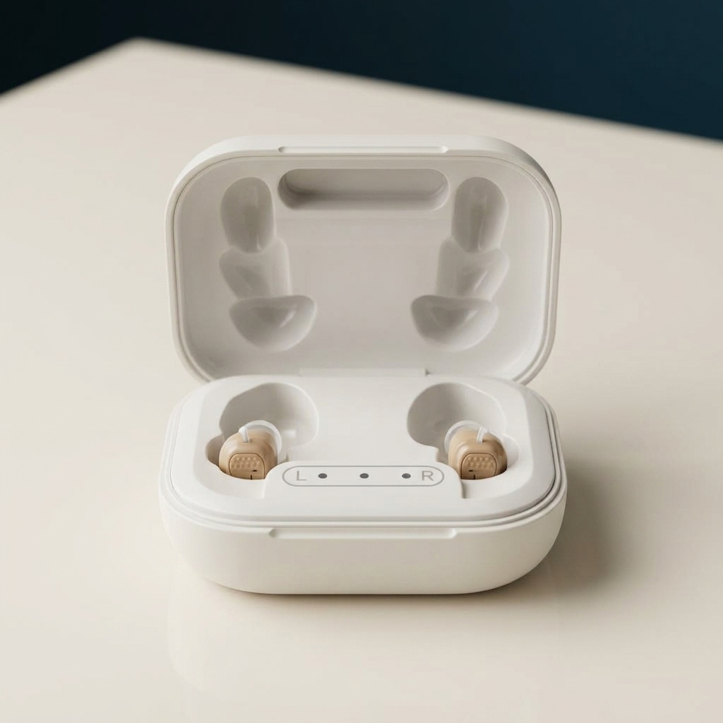Hartwell Comfort hearing aid at an angle, showing its compact in-ear shape