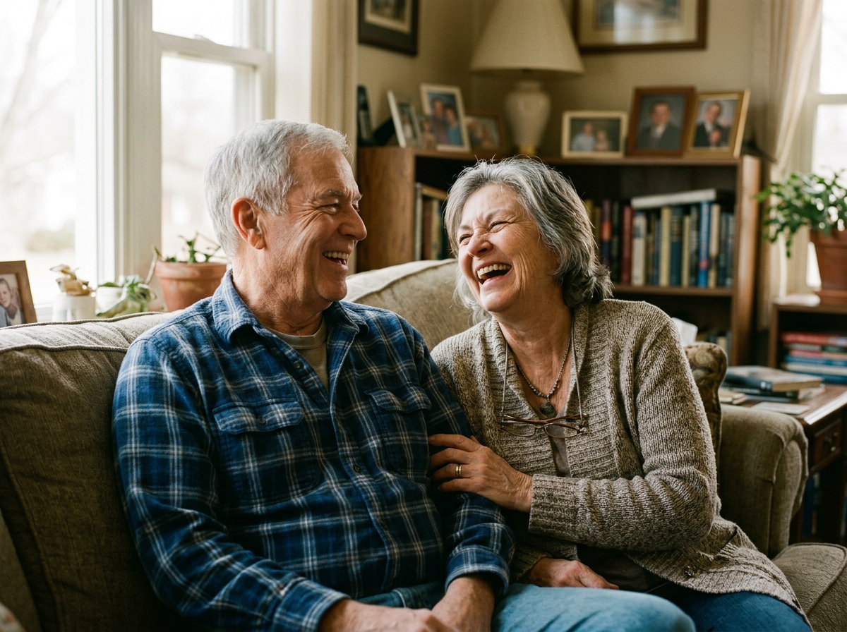 Senior couple laughing together at home